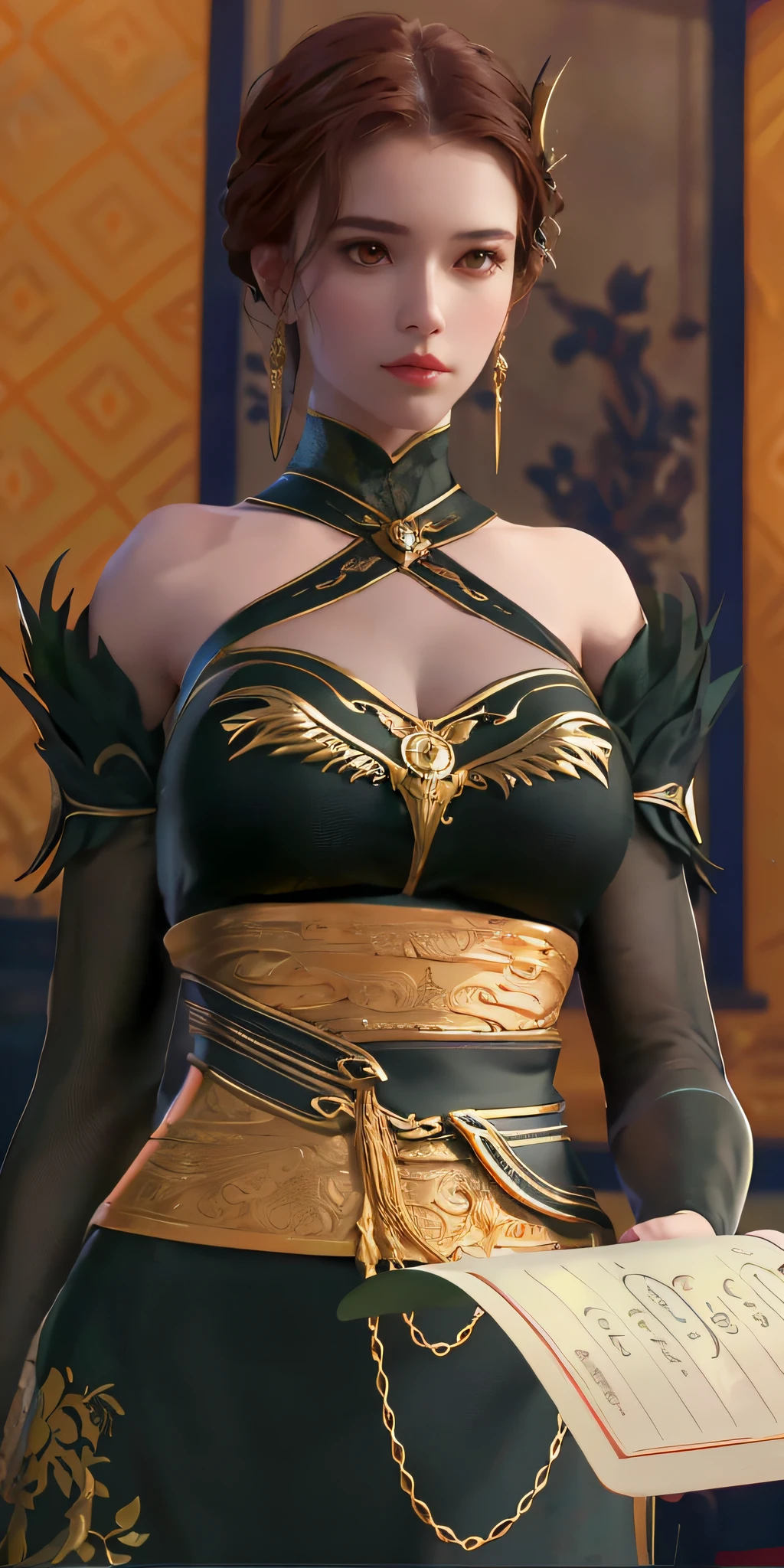 there is a woman in a dress that is holding a book, intricate outfit, intricate armor details, detailed upper body, photogenic details on armor, upper body close up, upper body close - up, high texture detail), cinematic goddess close shot, ornate bikini armor, very detailed and rich clothing, gilded outfit, ornate attire, ornate clothing, well - detailed outfit