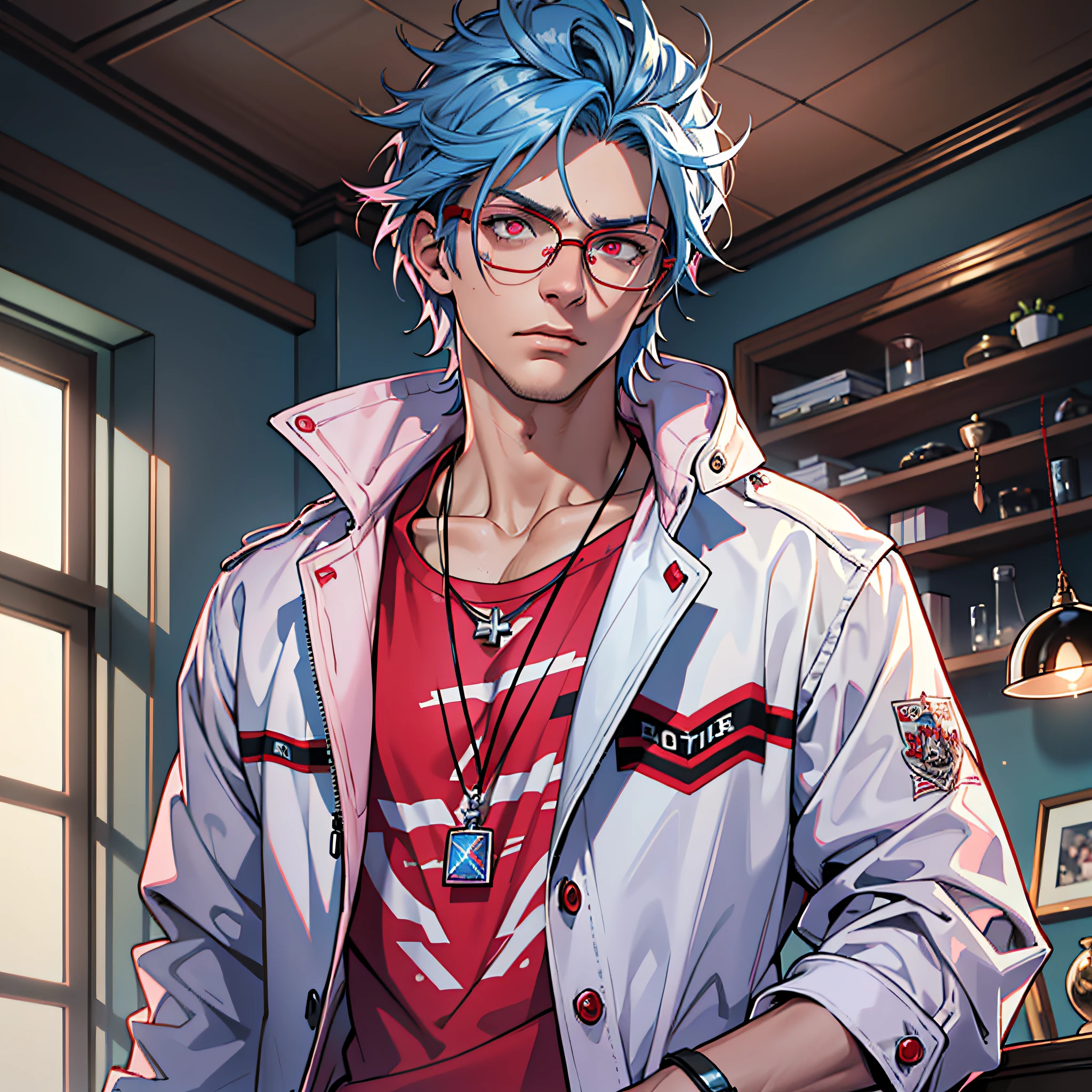 (Masterpiece, Best Quality, Ridiculous), Film Lighting, Best Quality, Ultra Detailed, Masterpiece, Fine Lines,, 1 Man: 20 years old, Detailed eyes, Blue hair color head style, Red eyes, White coat, Pink T-shirt, Black glasses, Jewelry, Necklace, Glowing Eyes, Light, (color), Upper body, Anger, Indoor, Living room, Accusation
