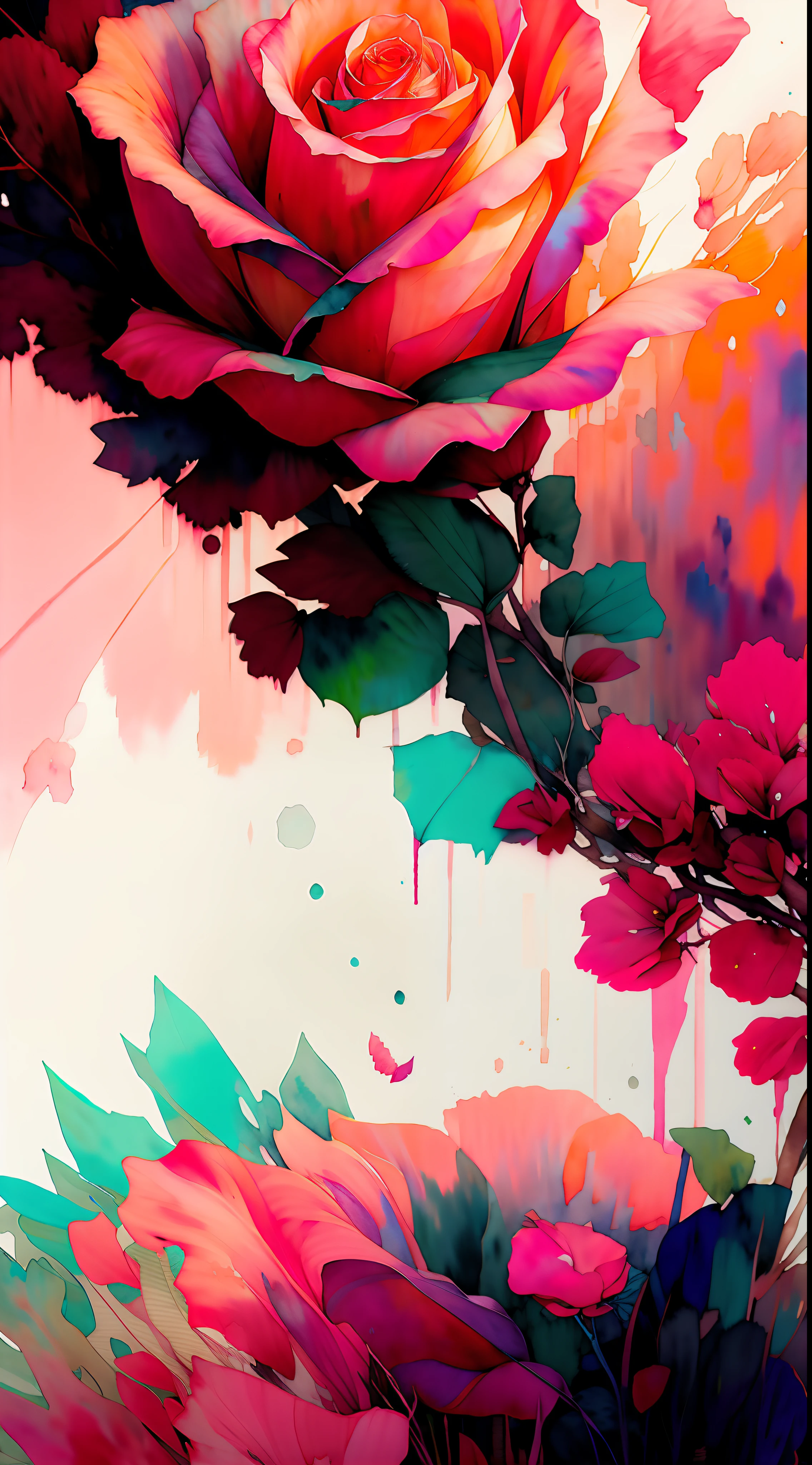 wtrcolor style, (rose) digital art, official art, blown by the wind, masterpiece, beautiful, ((watercolor)), paint splatter, intricate detail. Great detail, [dripping:0.7], Trending on Artstation, Rachel Walker