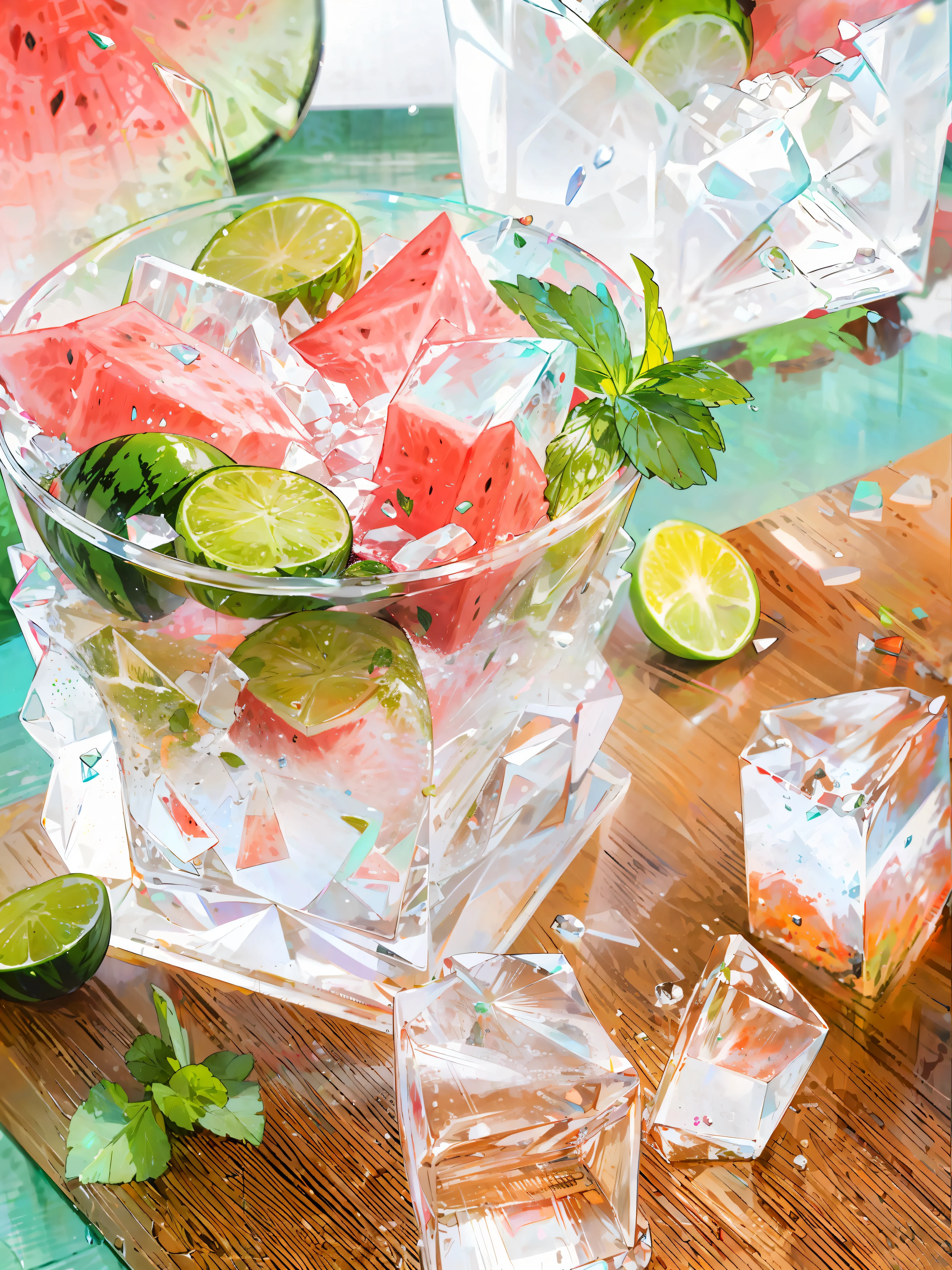 A glass of soda, frozen, frozen effect, on a wooden tray with pieces of watermelon, with mint leaves, cut small turquoise greens, with ice cubes, a few scattered ice cubes on a wooden board, super realistic Food pictures, full theme shown in photos,, Randy Post, hyper realistic ", hyper realistic", high res photo