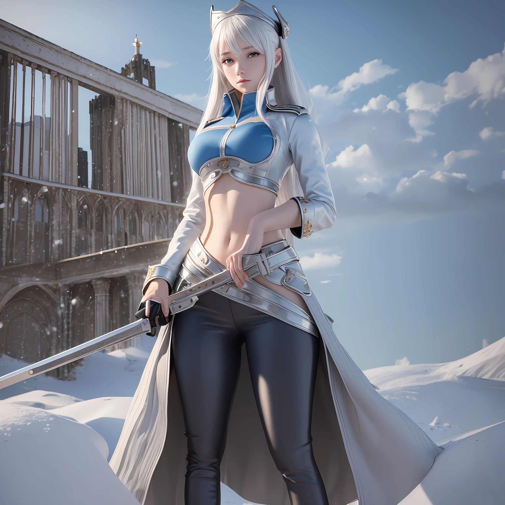 Top Quality, 3D, Solo, Perfect Beautiful Girl, Detective, Silver Hair, Snow-White Skin, Slender, Big, Big Hips, Military Uniform, One Piece, Blue Sky --auto --s2