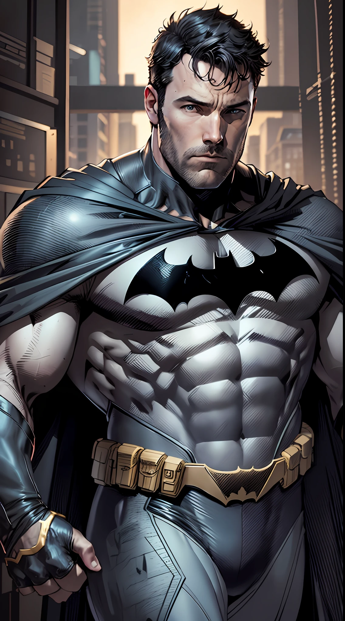 1 man, solo, Ben Affleck as Batman, tall, hunk, muscular, bulk, wide shoulder, photorealism, dark dirty grey suit, dark grey arms, ((no mask)), mask off, black hair, black gloves, best quality, masterpiece, high resolution:1.2, black cape, high detailed mask, high detailed suit, high detailed face, award winning, night time, a dark cave in the background, indoors