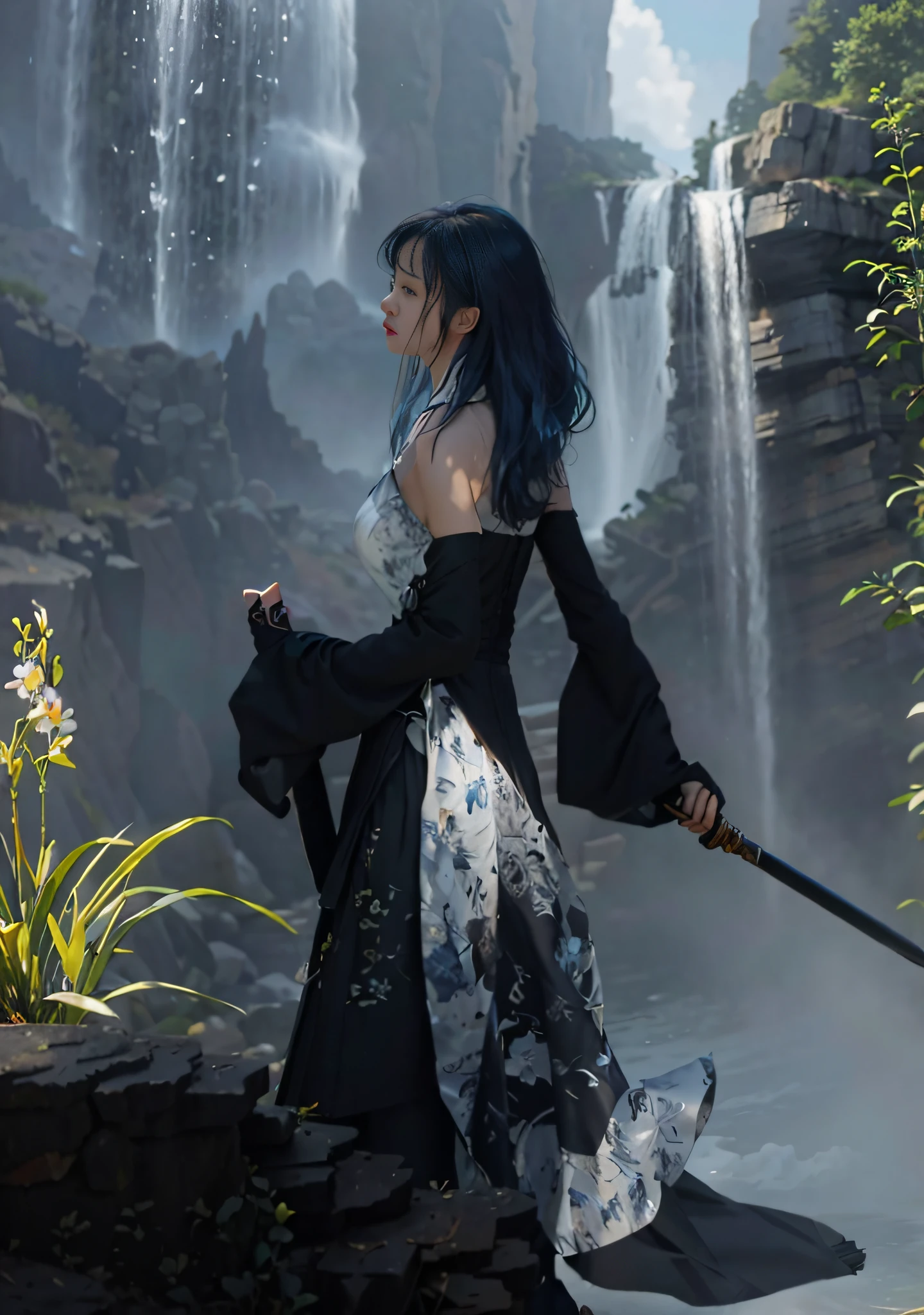 Original photo, best quality, masterpiece, super high resolution, (Realistic: 1.4), anime poster, long sword holster in left hand, long sword in right hand, two hands, wearing kung fu master cloth, upper body tights, medium chest, back to viewer, (shoulders exposed: 1.4), blue hair blown by the wind, skirt blown by the wind, waves, waterfall background, orchids growing on close-up stone mountains, traditional Chinese ink style, girl dragon slayer, main colors are white and black ink, dynamic movement, dynamic pose, movement, whole body::1 Amazing vector in oil painting environmental art movie, diorama, intricate details, solo, dress, floating_hair,OC rendering