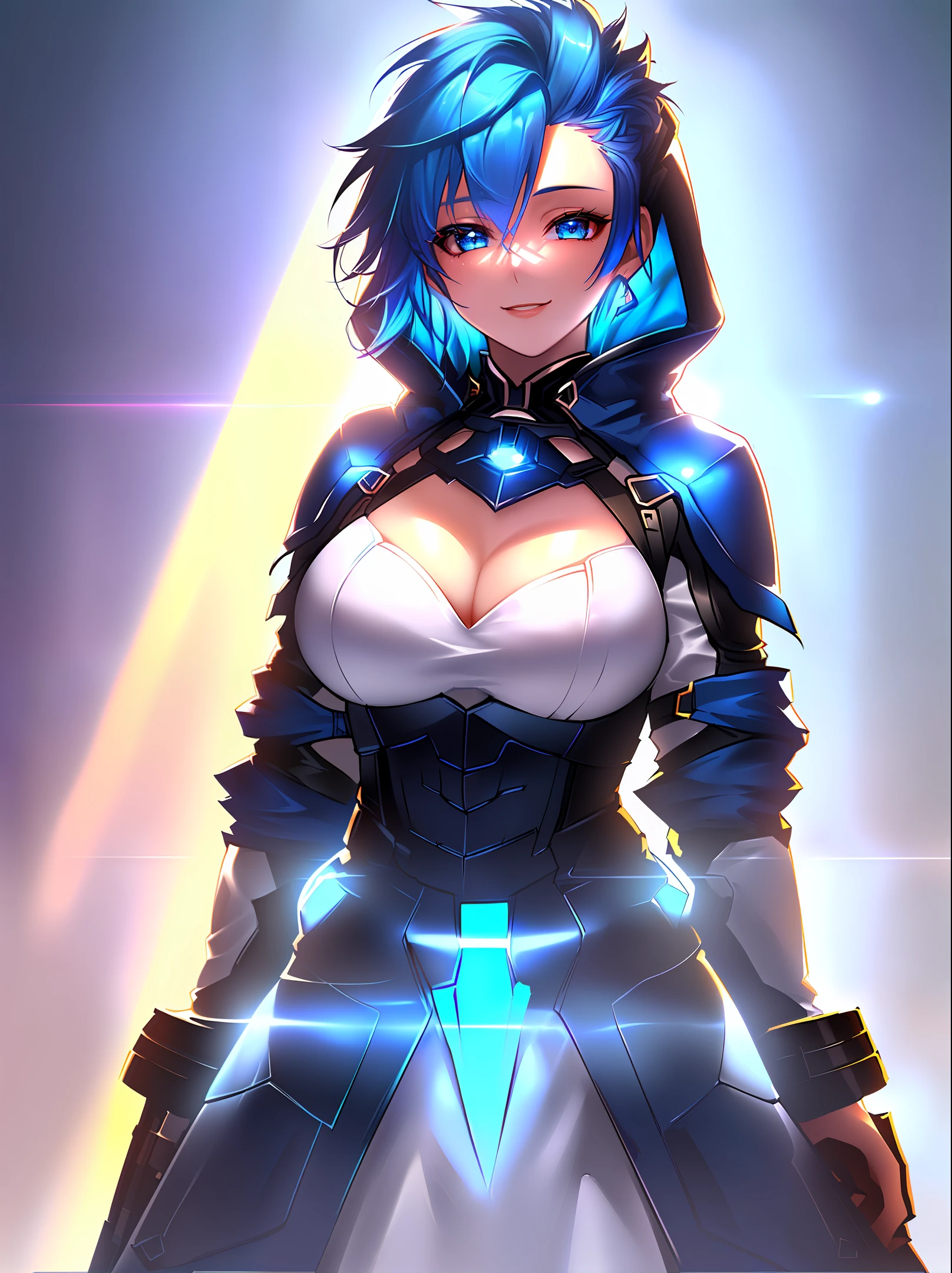 highres, highest quallity, illustration, ultra detailed, cinematic lighting, best quality, hyper detailed, masterpiece,1 sexy, blue hair shaved sides hair, blue eyes, smile, solo, hood, large breasts, light rays, (colorful), (standing:1.2), cool tones, night time