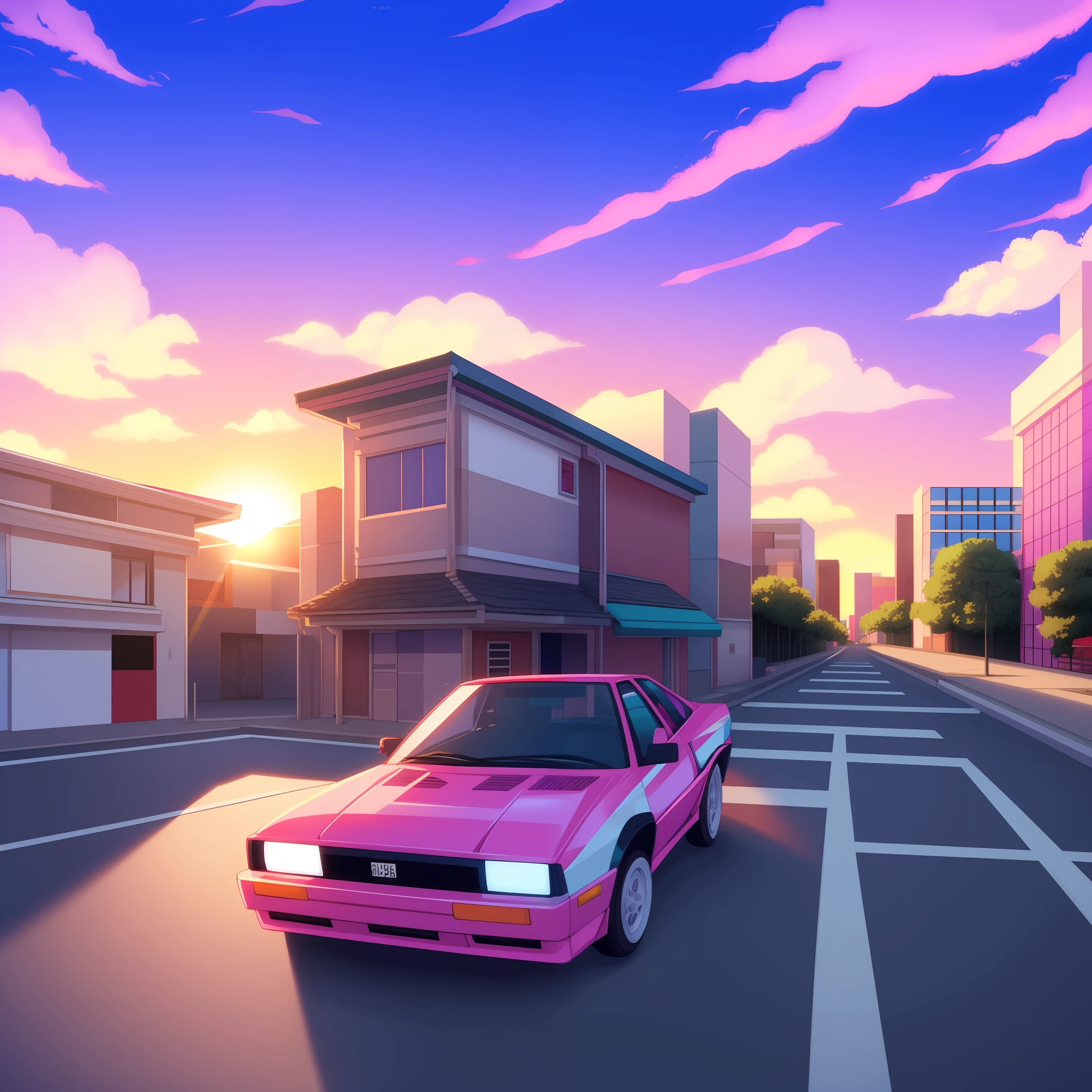 80's aesthetic, vaporwave, japan street, sunset, purple and pink sky, soft puffy white clouds, ae86,