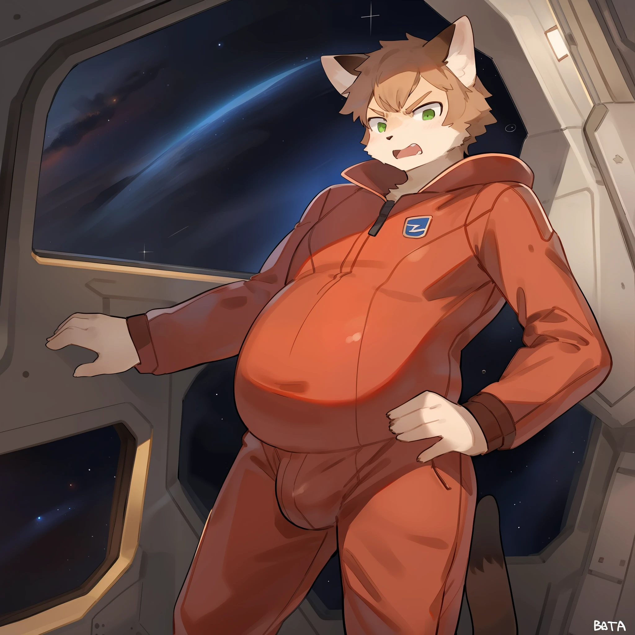 mature, dilf, big arms, bulge, soft belly, round tummy, chubby, Solo, male, feline, domestic cat, brown fur, brown body, green eyes, sandy brown hair, tan hair, light brown hair, short hair, slim, weak, detailed eyes, detailed hands, open mouth, angry, angry expression, red jumpsuit, red spacesuit, spaceship, standing, space, window, by bebebebebe, by buta99,