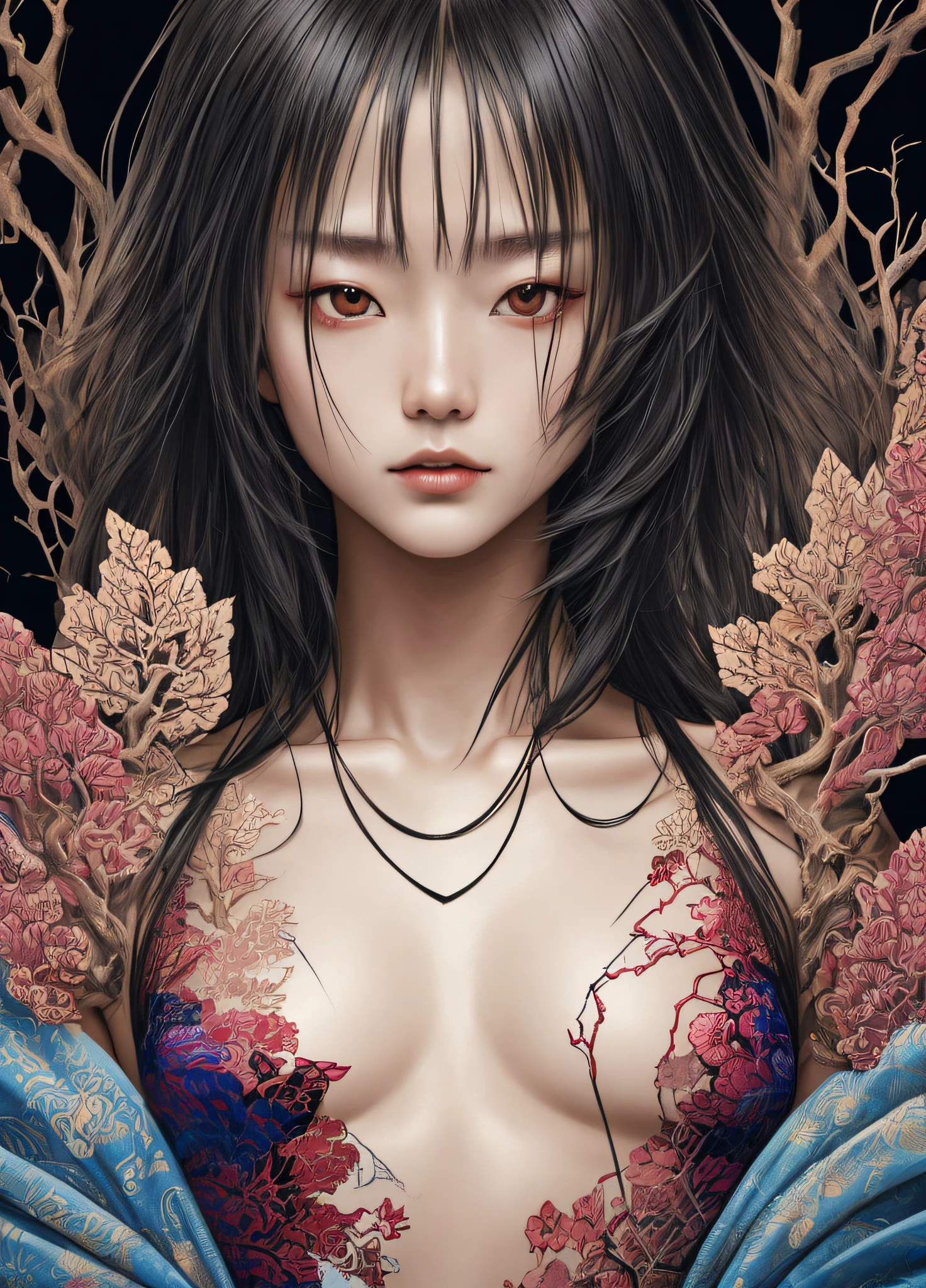 (by Yuko Higuchi, 1.4), Yuko Higuchi, (by Yoh:1.2), (Masterpiece, Best Quality, Official Fine Art, Beauty and Aesthetics :1.2), (Super Detail), Fine Detail, Best illustration, Hand-drawn high quality, (high contrast), (Clean Lines :1.3), (Line art), Line drawing, (complex lines), ligne claire, fractal art, strokes, Ukiyo-e style, (Portrait, above ?????, extreme close-up :1.1), Zombie girl, muscular man, Zichuan with a transparent ????? (she's surrounded by dead trees :1.1), supermodel's perfect features, (close-cropped hair, stubble), Corpose MONEY BOY, surround composition, flat ?????, mysterious night, extremely provocative and ???? (adds detail), (detail background :1.2), (color), high resolution