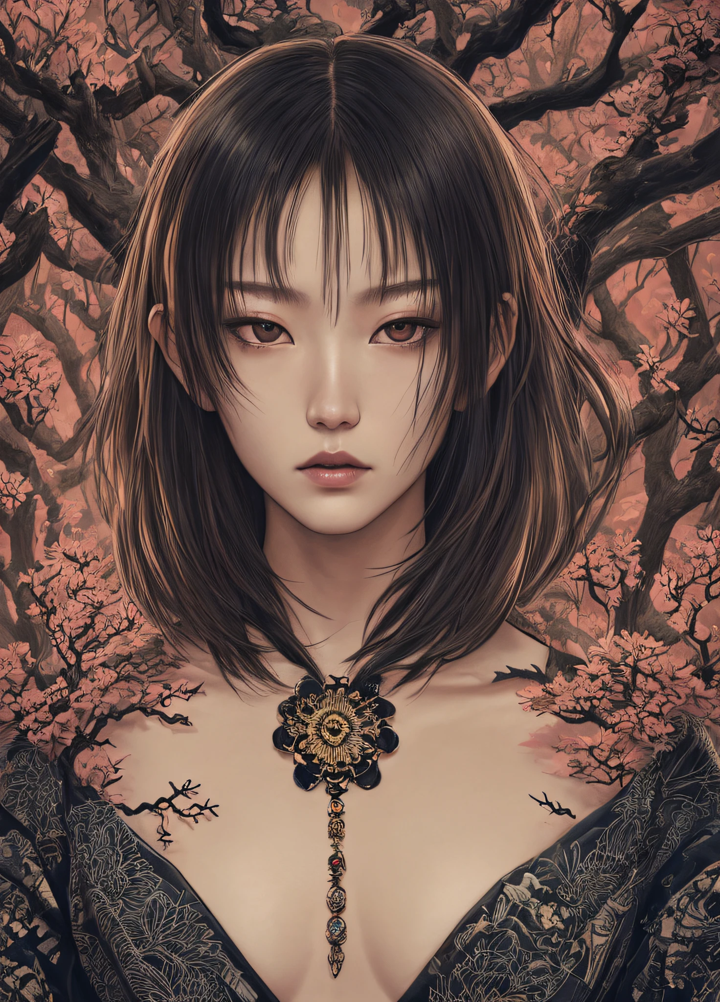 (by Yuko Higuchi, 1.4), Yuko Higuchi, (by Yoh:1.2), (Masterpiece, Best Quality, Official Fine Art, Beauty and Aesthetics :1.2), (Super Detail), Fine Detail, Best illustration, Hand-drawn high quality, (high contrast), (Clean Lines :1.3), (Line art), Line drawing, (complex lines), ligne claire, fractal art, strokes, Ukiyo-e style, (Portrait, above chest, extreme close-up :1.1), Zombie girl, muscular man, Zichuan with a transparent thong (she's surrounded by dead trees :1.1), supermodel's perfect features, (close-cropped hair, stubble), Corpose MONEY BOY, surround composition, flat chest, mysterious night, extremely provocative and sexy (adds detail), (detail background :1.2), (color), high resolution