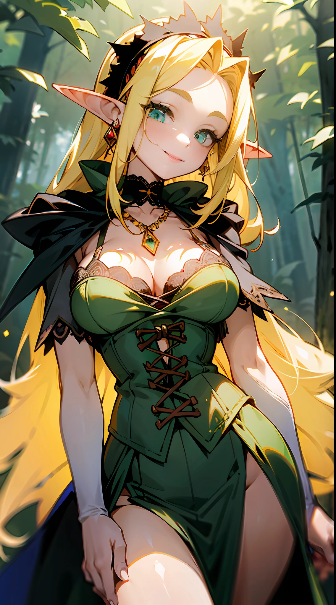 ((thick foggy forest)), from the front, 1 girl, elf, thighs, long hair, tapered long ears, longitudinal oval face, wide choker, smile, ((dense embroidery)), oversized white camisole, undersized breasts, blond hair, ruddy face, heavy sigh, ruby ornament in the center of the forehead, luxurious and massive jewelry necklace, corset belts, headpieces, velvet dresses, cloak hood, fern green felt waistcoat, pixie vest, lace-up linen bodice,