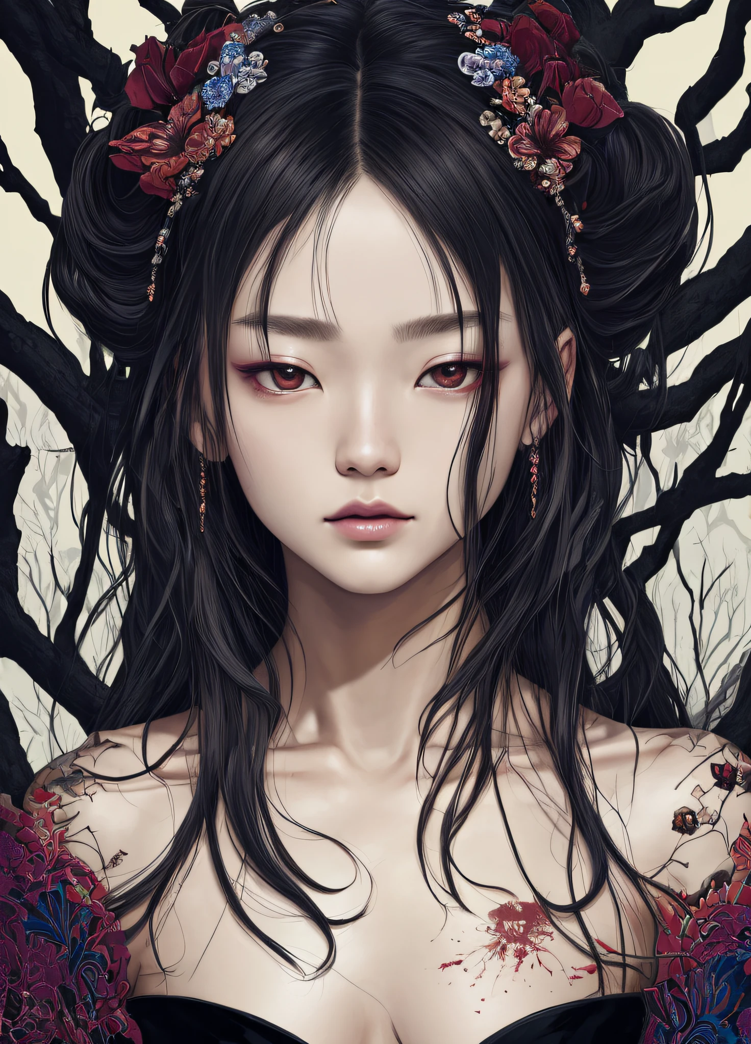 (by Yuko Higuchi, 1.4), Yuko Higuchi, (by Yoh:1.2), (Masterpiece, Best Quality, Official Fine Art, Beauty and Aesthetics :1.2), (Super Detail), Fine Detail, Best illustration, Hand-drawn high quality, (high contrast), (Clean Lines :1.3), (Line art), Line drawing, (complex lines), ligne claire, fractal art, strokes, Ukiyo-e style, (Portrait, above chest, extreme close-up :1.1), Zombie girl, muscular man, Zichuan with a transparent thong (she's surrounded by dead trees :1.1), supermodel's perfect features, (close-cropped hair, stubble), Corpose MONEY BOY, surround composition, flat chest, mysterious night, extremely provocative and sexy (adds detail), (detail background :1.2), (color), high resolution