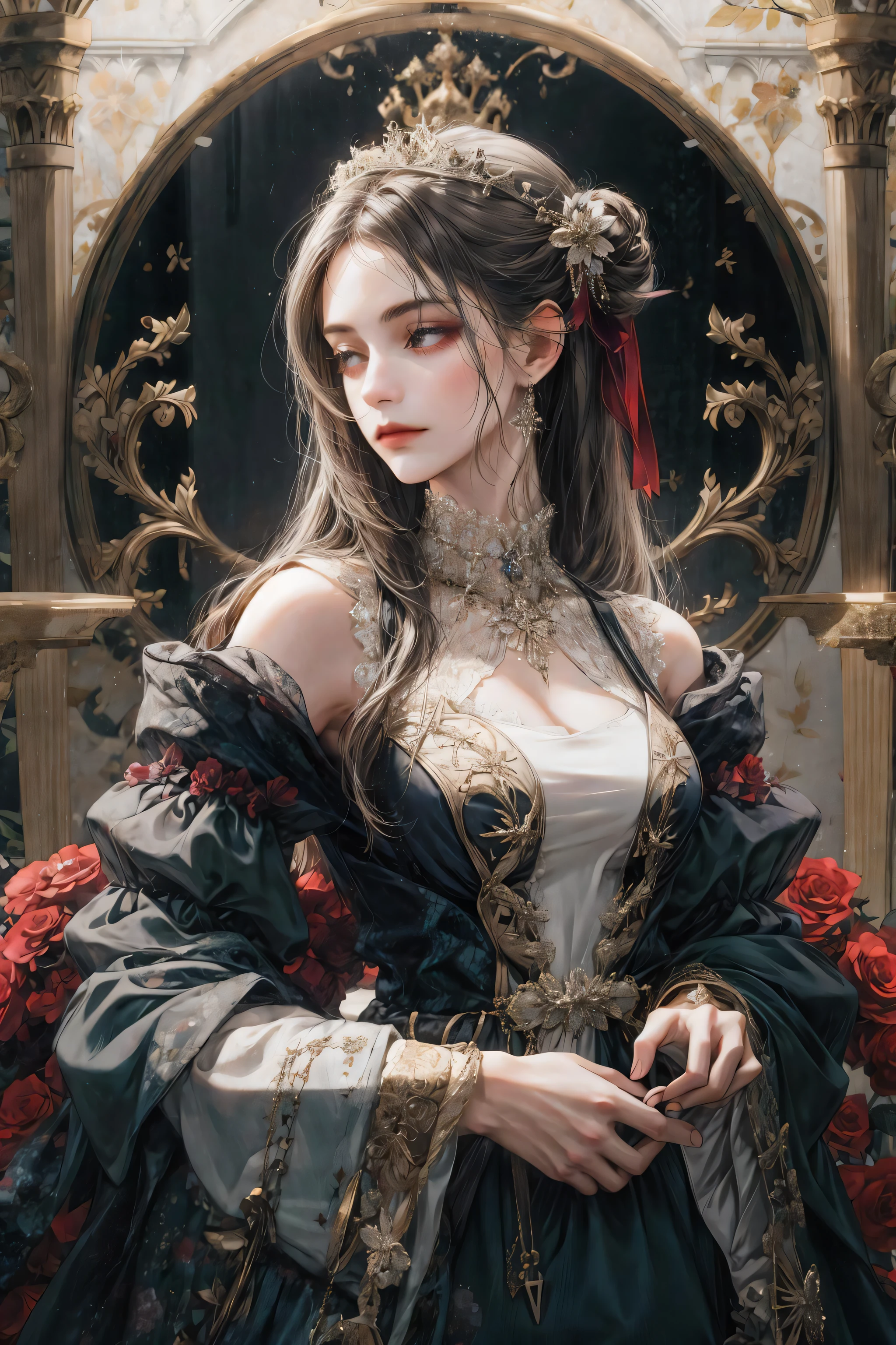 (absurdres, highres, ultra detailed), 1girl, solo, mature, Baroque, long dress, long sleeve, elegant, colorful, highest detailed, upper body