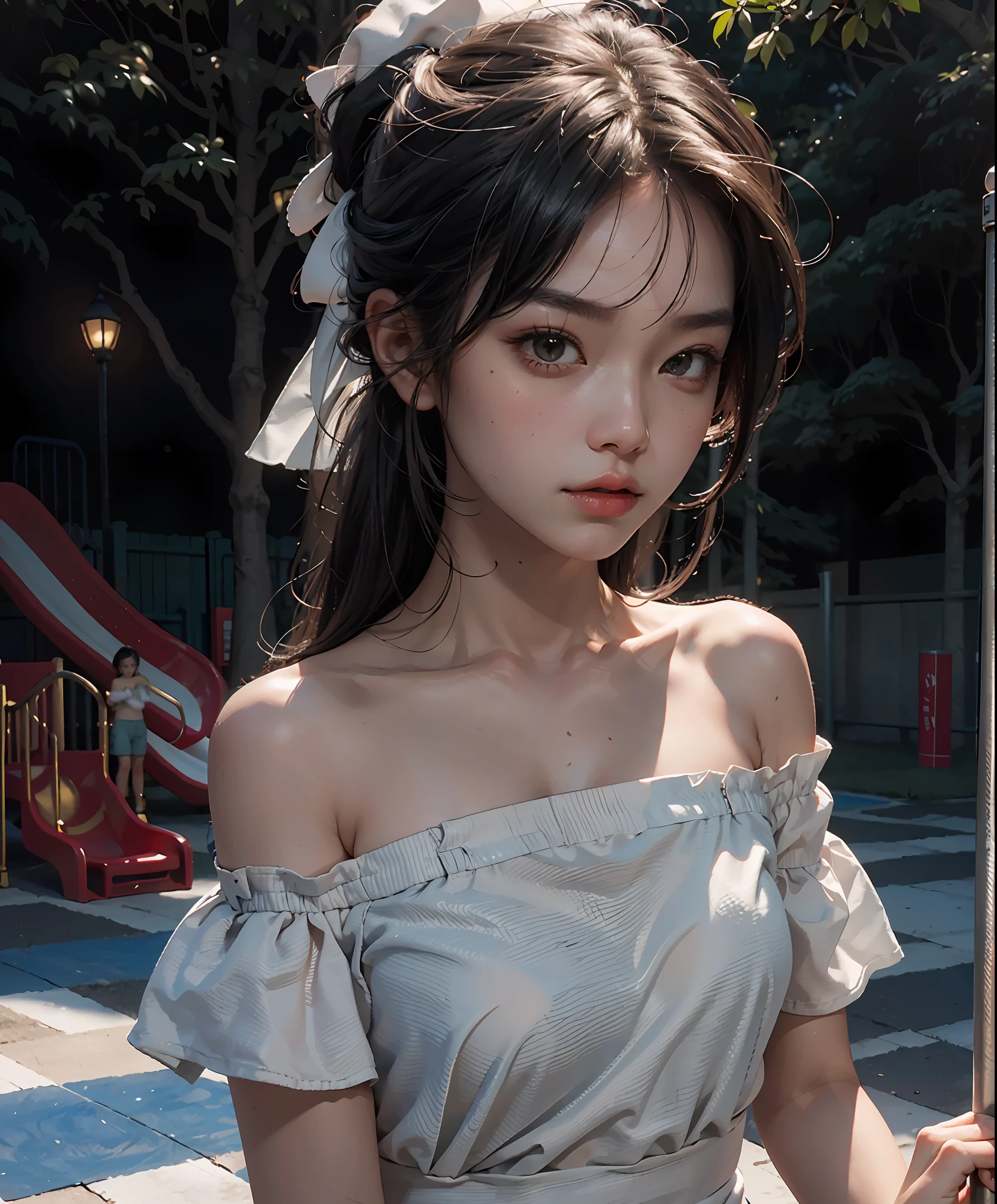 Best Quality, Masterpiece, Ultra High Resolution, (Realisticity: 1.9), Original Photo, 1Girl, Bare Shoulder, Close Up, Asian, Outdoor, Playground, Movie Lighting