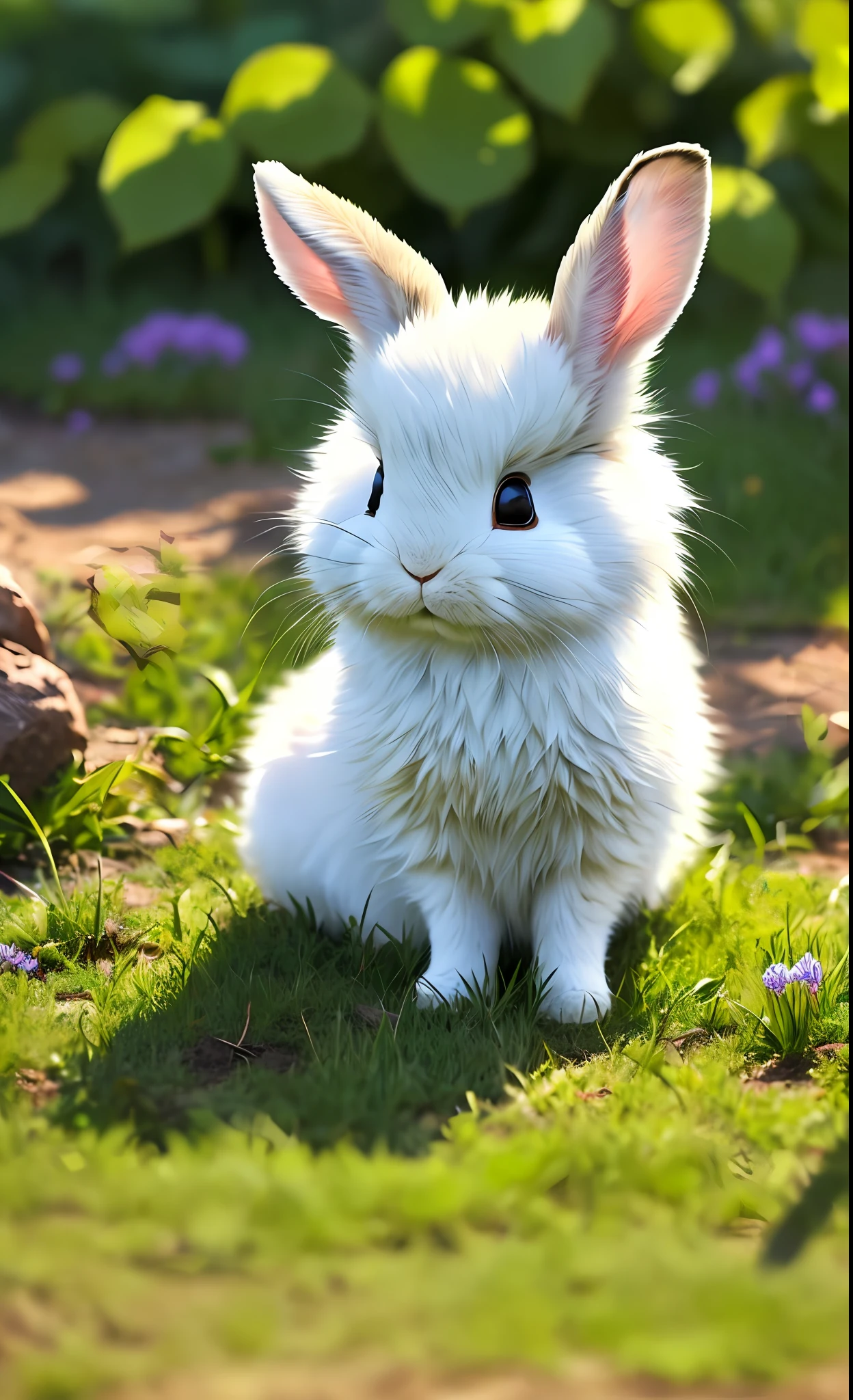 ((masterpiece, best quality)), soil, animal ears, fluffy rabbit, rabbit ears, looking at the viewer, grass, outdoors, whole body, animal, sunlight, dappled sunlight, daytime, depth of field --v6