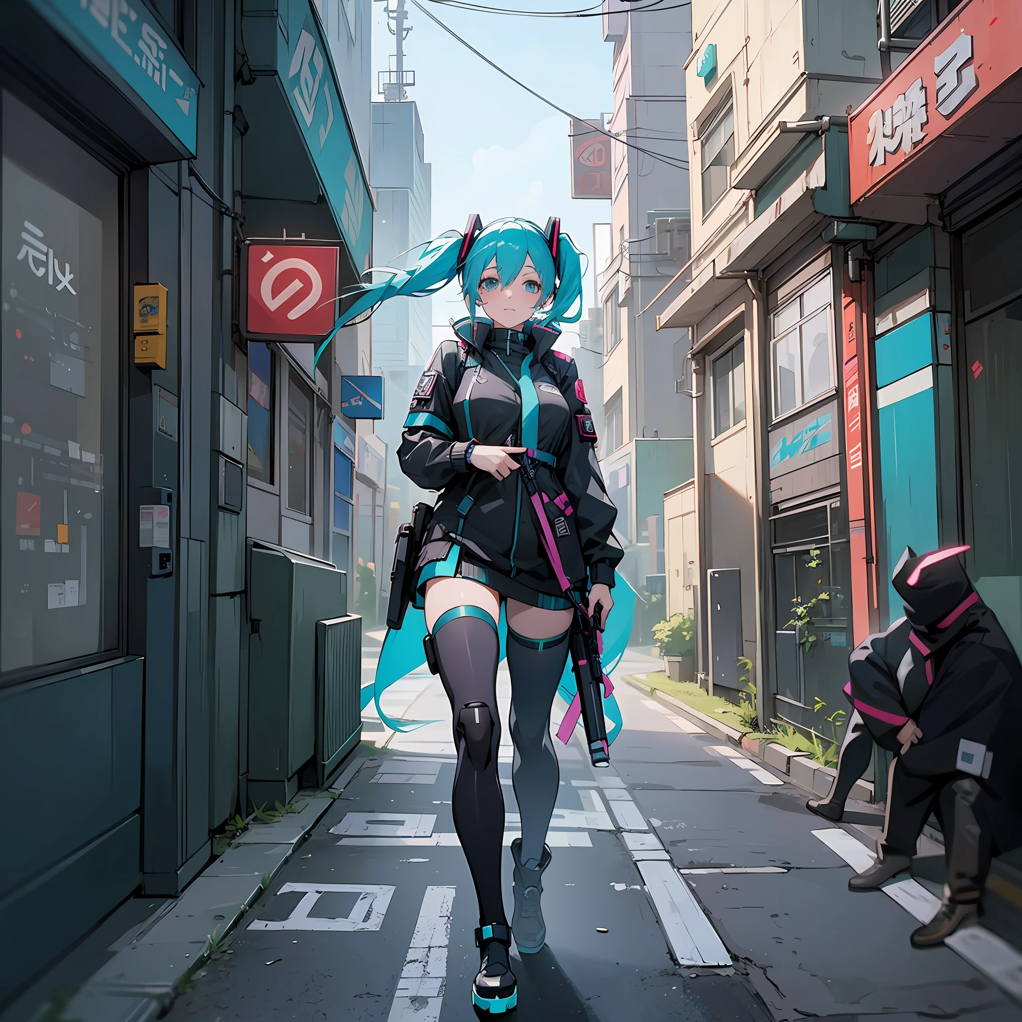 woman in police uniform walking down a street, Hatsune Miku cosplay, Anime girl cosplay, professional cosplay, female cyberpunk anime girl, cyberpunk anime, cyberpunk anime girl, anime cosplay, cyberpunk girl, anime girl in real life, cyberpunk streets in, cyberpunk style, cyberpunk outfit, has cyberpunk style, oppai cyberpunk, full cosplay --auto --s2