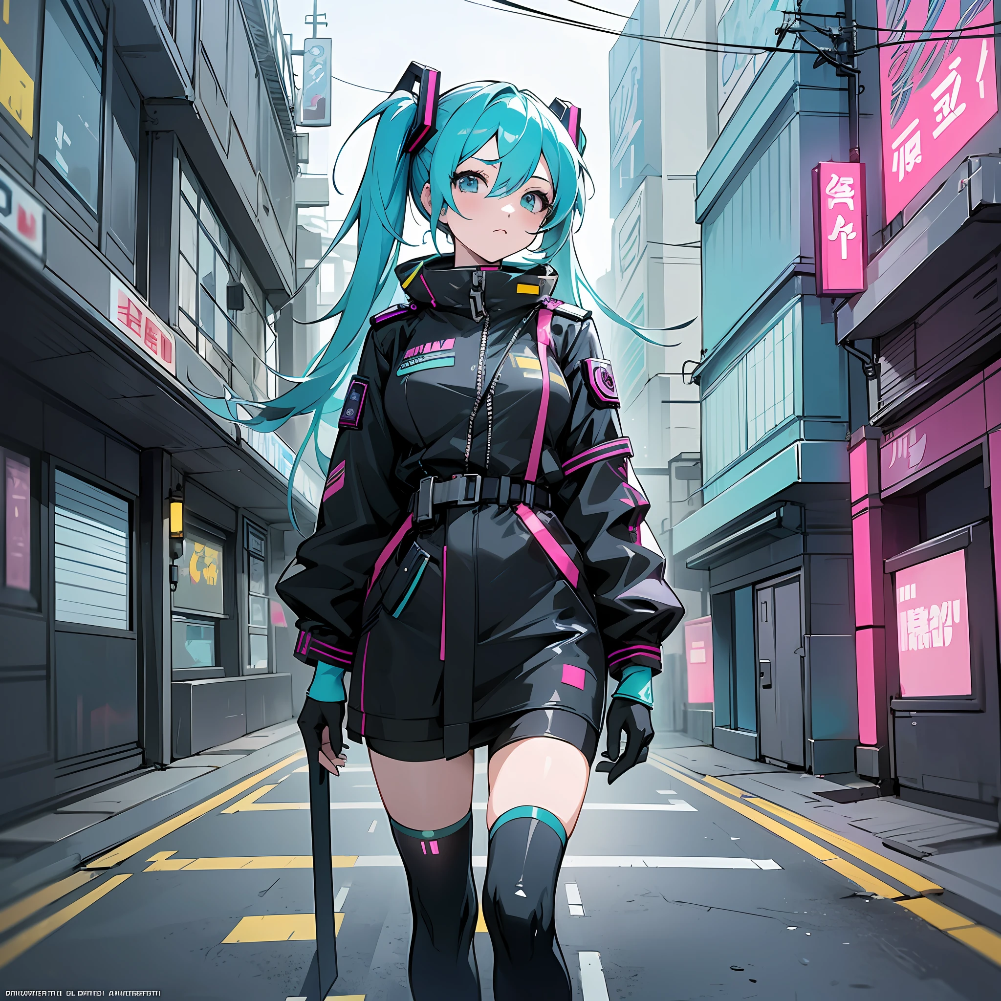 woman in police uniform walking down a street, Hatsune Miku cosplay, Anime girl cosplay, professional cosplay, female cyberpunk anime girl, cyberpunk anime, cyberpunk anime girl, anime cosplay, cyberpunk girl, anime girl in real life, cyberpunk streets in, cyberpunk style, cyberpunk outfit, has cyberpunk style, oppai cyberpunk, full cosplay --auto --s2