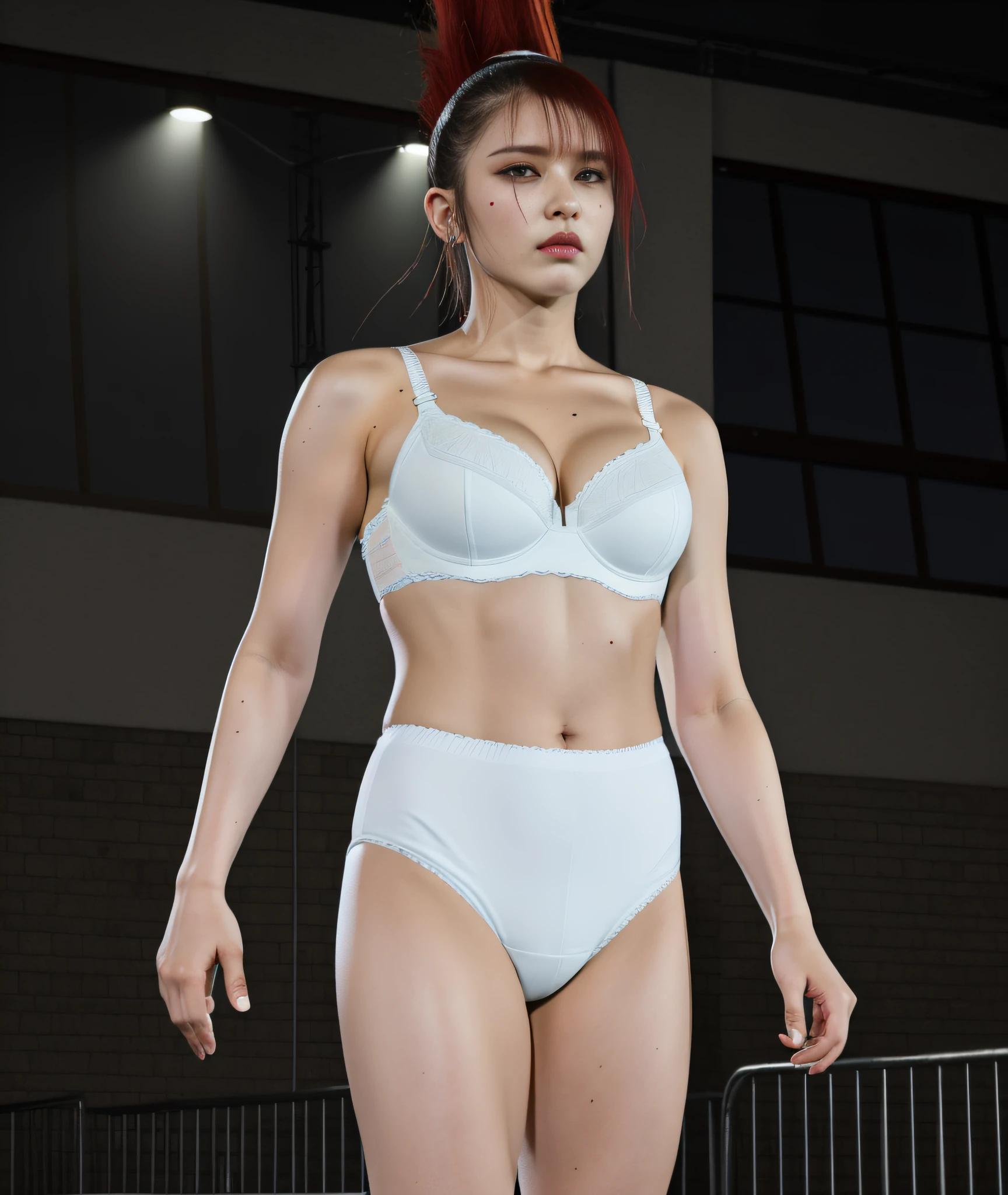 Punk Latina with mohawk in white bra and white high cut cotton panties, photo realistic, detailed wrinkles