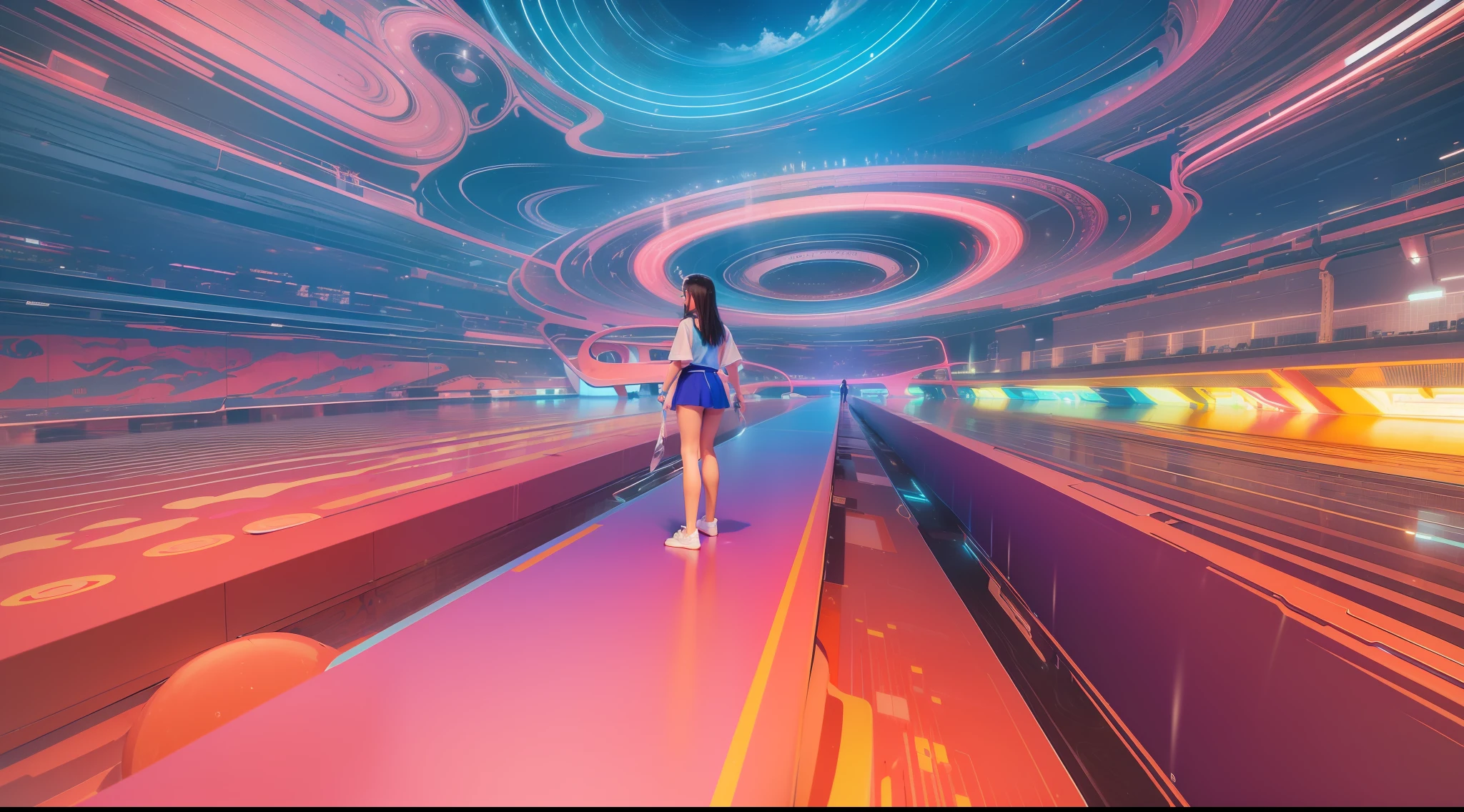 ((abstract and surreal place with vibrant colors that gives the feeling of joy, motivation, satisfaction and knowledge)), clear place, full body shot, 1girl with short ancestral clothes