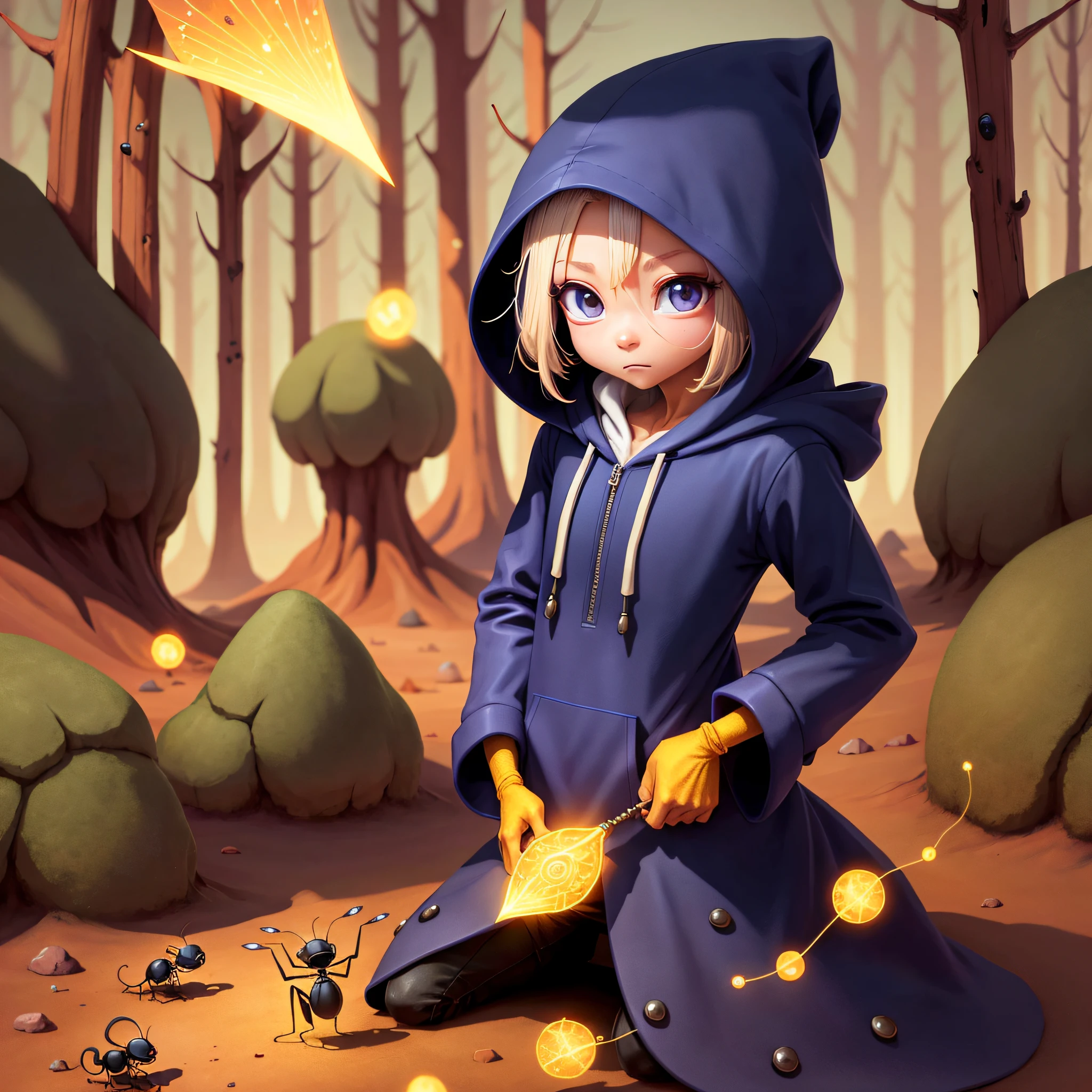 tiny ant mage in hood, human like body,
