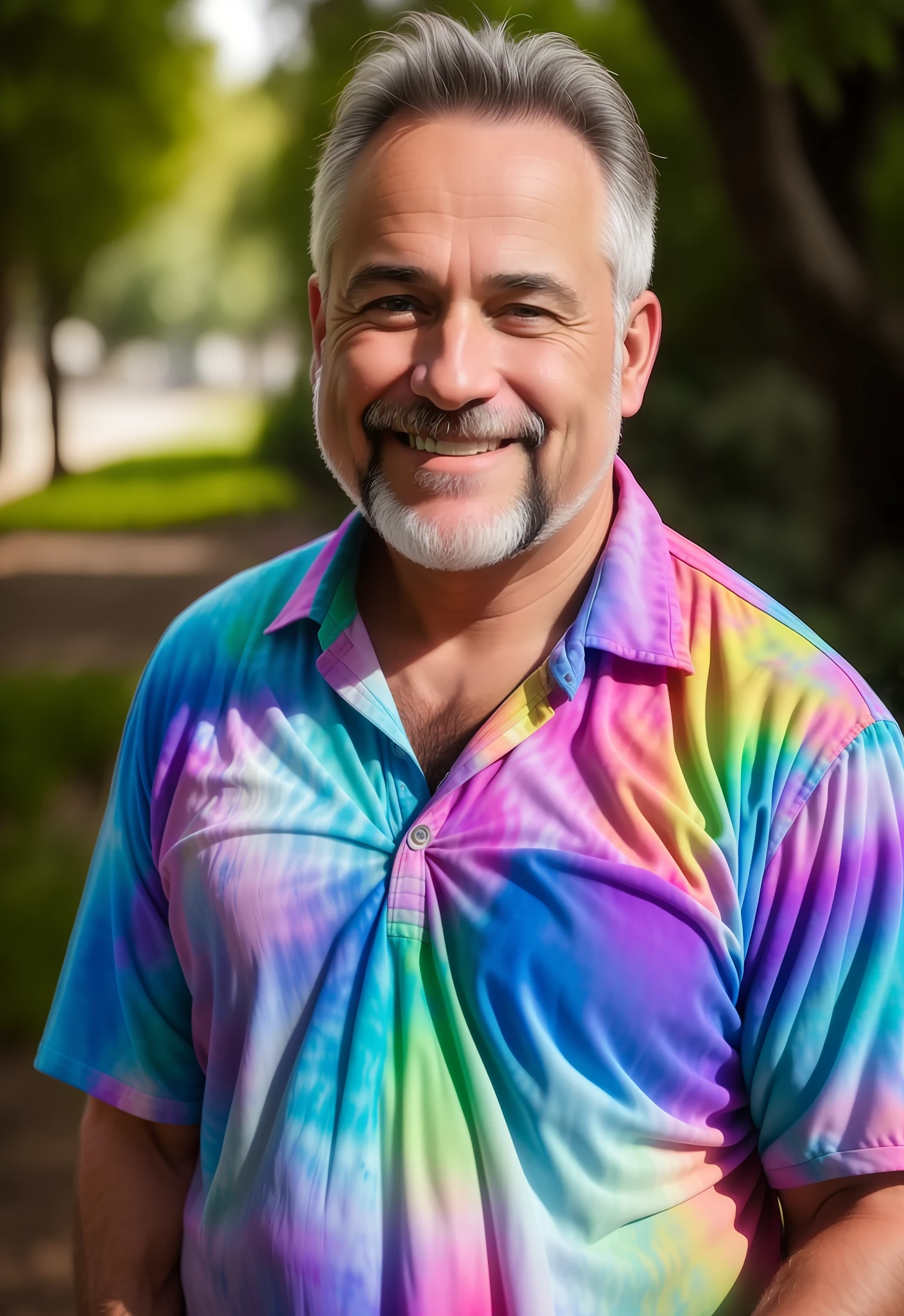 photo of a middle age man wearing a colorful tie die shirt, smiling, outside, bright sunlight, 4k textures, soft cinematic light, adobe lightroom, photolab, hdr, intricate, highly detailed, ray traced, photorealistic, fine details, subsurface scattering, key light, backlight, sharp focus, soothing tones, low contrast, exposure blend