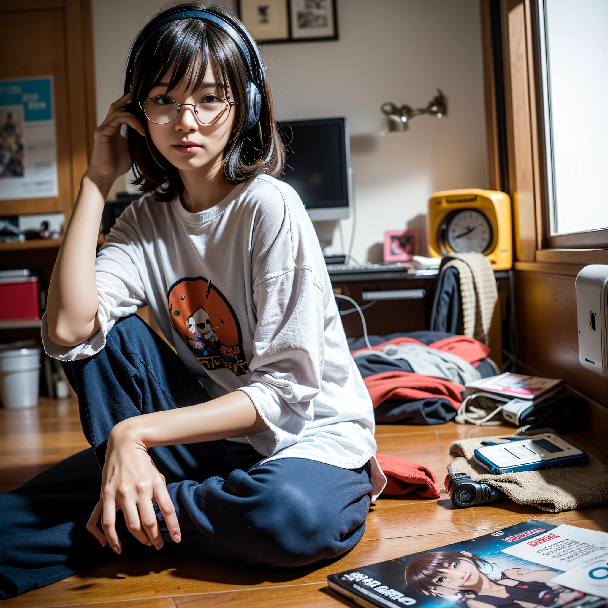 (8k, RAW photos, best quality, masterpieces, : 1.2), (realistic, photorealistic: 1.37), (1 girl, solo: 1.3), 18 years old Japan girls living in a dirty room, (dreamy, soft pastels, bedroom, cozy atmosphere, warm lighting: 1.2), anime otaku girls, black hair, short hair, (disheveled hair, unkempt hair: 1.3), bangs, smile, happy look, small bust, wearing glasses, (crop t-shirt with anime character print: 1.3), sweatpants, shorts, loungewear, headphones, sitting on the floor, scruffy posture, cross-legged, relaxed, cheerful, (heaped comics littered on the floor: 1.3), (littered with garbage, messy room, Clothes left undressed on the floor, empty cans lying on the floor: 1.3), (figure collection case, decorated with many anime character figures: 1.3), (many posters of anime characters on the wall: 1.3), stuffed animals, watching anime on the monitor, potato chips on the desk, spilled potato chips, Energy drinks on your desk, ultra-high resolution, physically based rendering, cinematic lighting, dynamic angles