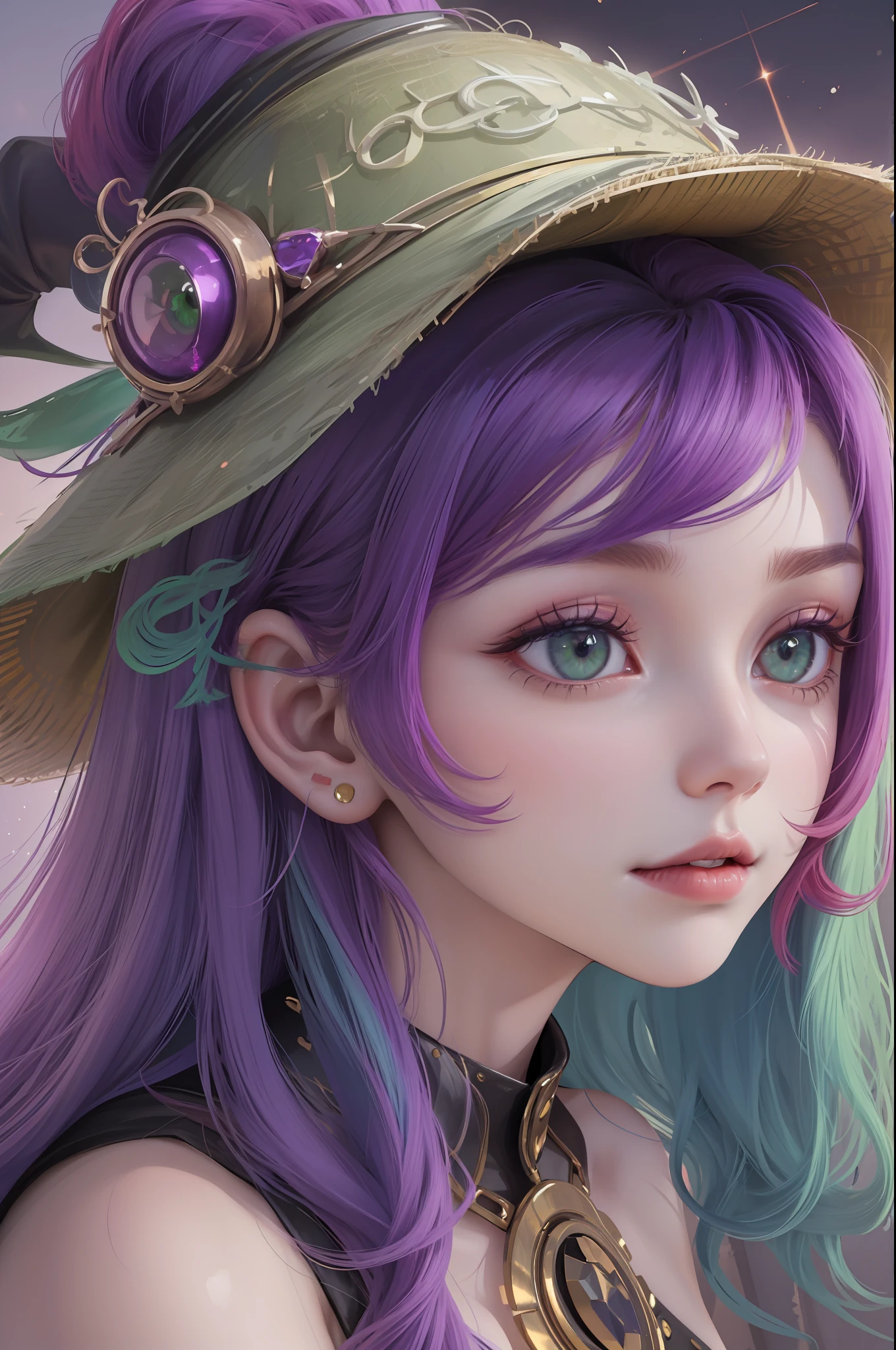 ((w800|w1200), best quality, high fidelity), (dynamic medium shot, close-up of girl's face), witch hat,(red hair: 1.2+green hair: 1.2+purple hair+yellow hair: 1.2), soft lighting, moon-looking eyes, moon eyes, soft smile, demonic girl, succubus