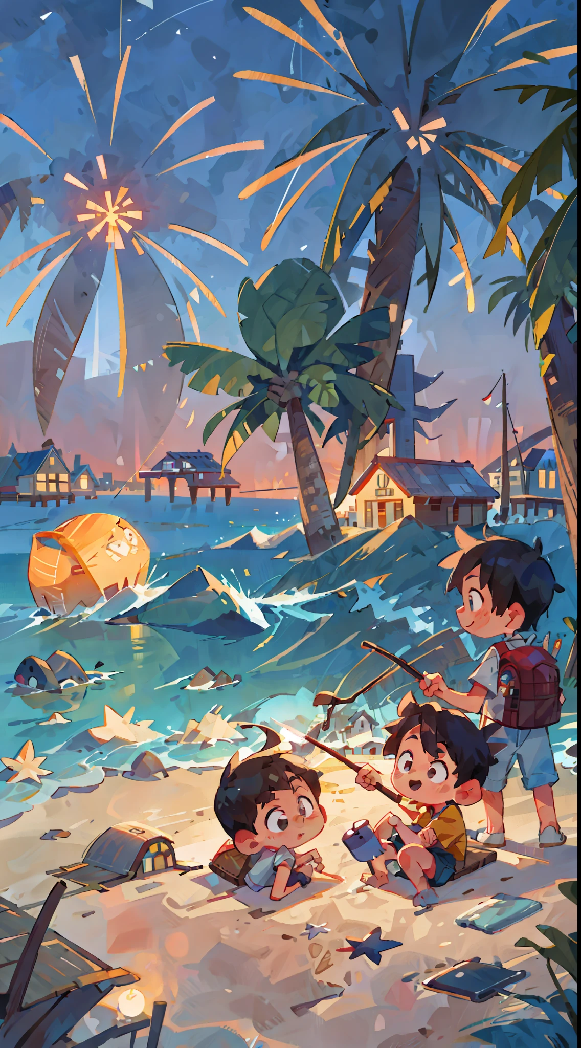Seaside town, beach, night