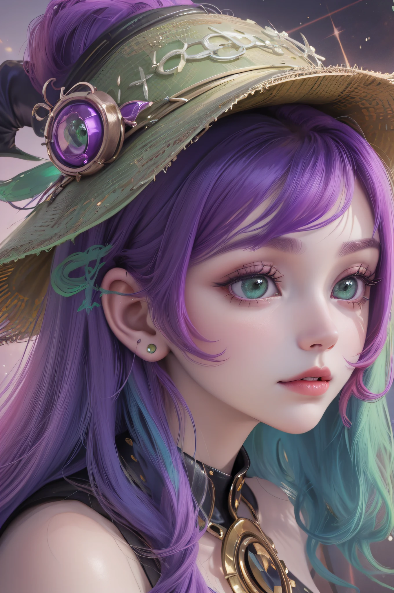 ((w800|w1200), best quality, high fidelity), (dynamic medium shot, close-up of girl's face), witch hat,(red hair: 1.2+green hair: 1.2+purple hair+yellow hair: 1.2), soft lighting, moon-looking eyes, moon eyes, soft smile, demonic girl, succubus