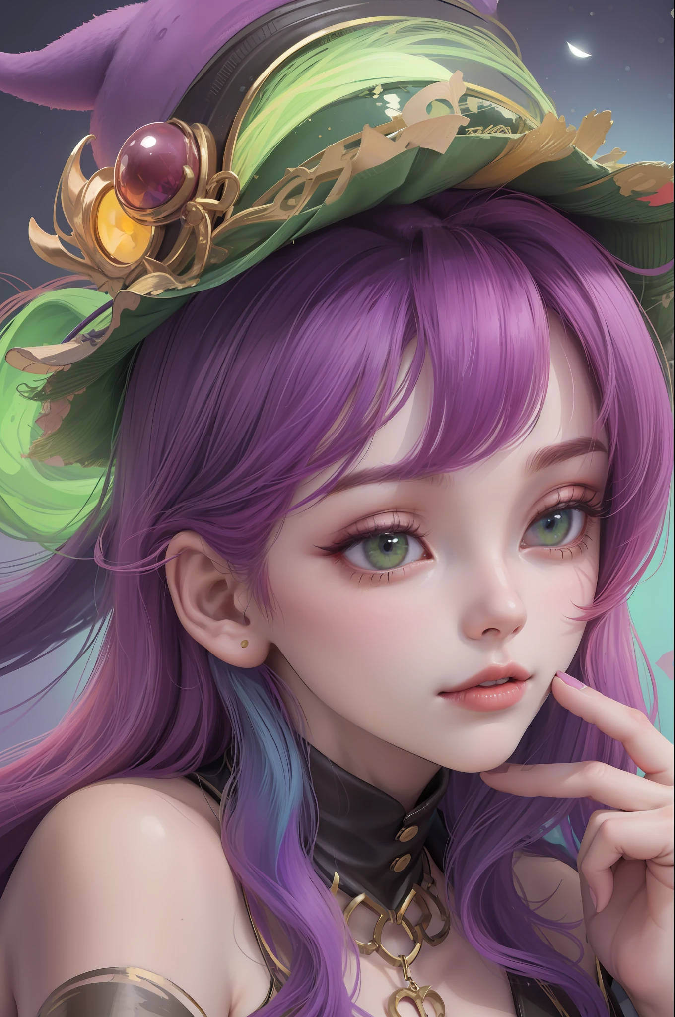 ((w800|w1200), best quality, high fidelity), (dynamic medium shot, close-up of girl's face), witch hat,(red hair: 1.2+green hair: 1.2+purple hair+yellow hair: 1.2), soft lighting, moon-looking eyes, moon eyes, soft smile, demonic girl, succubus