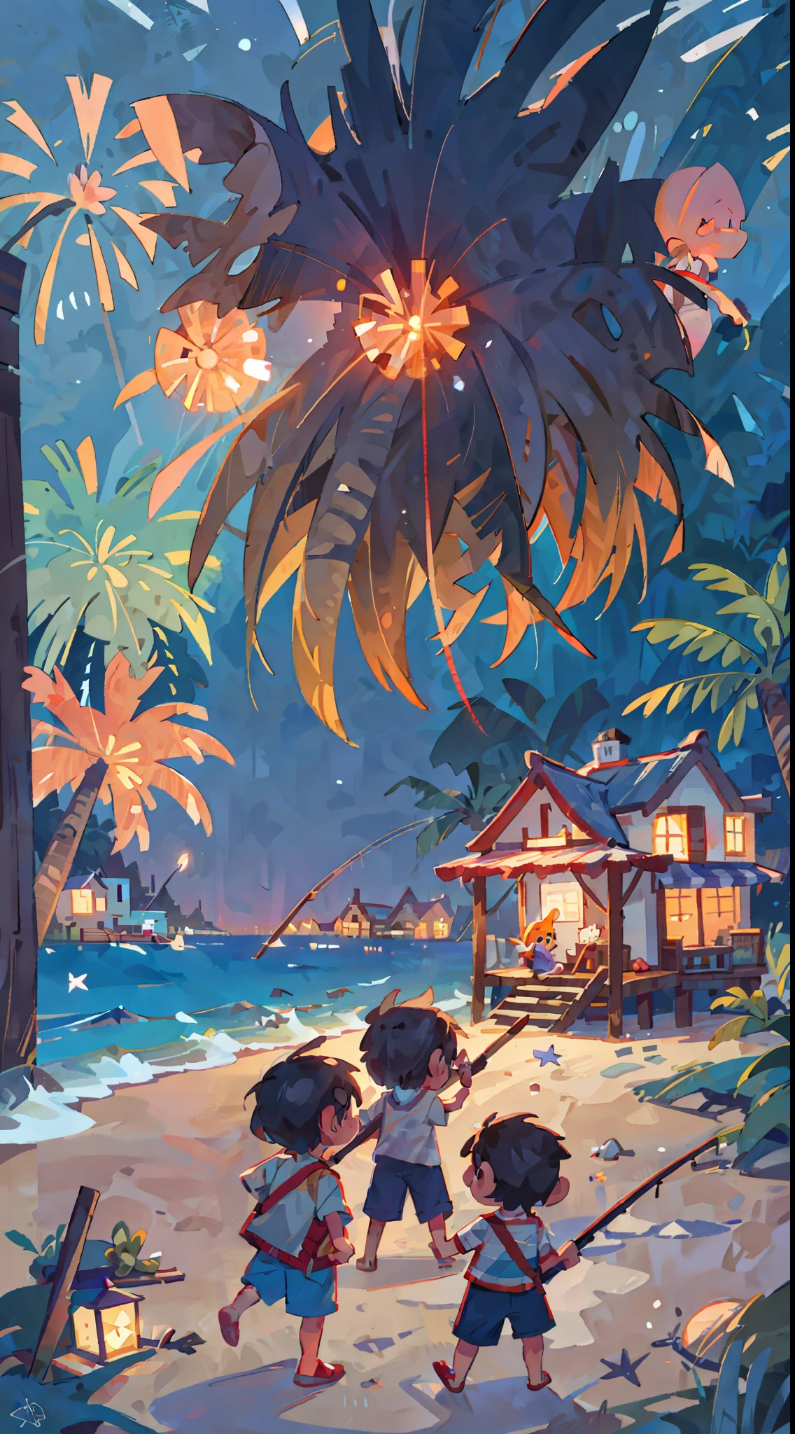 Seaside town, beach, night