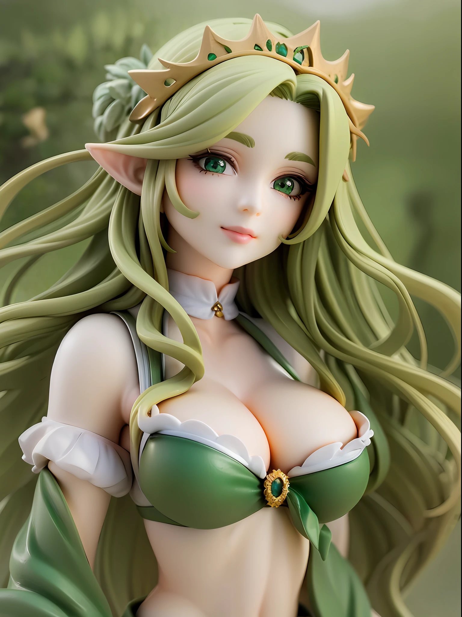 Emerald green, brown, elf girl, gentle and graceful face,smile, wearing white bra , crown of flowers,sheer white blouse, underwear is transparent, green and brown, leaf patterns, blonde long wavy hair, beautiful emerald green eyes, closed mouth, looking away , on the meadow,