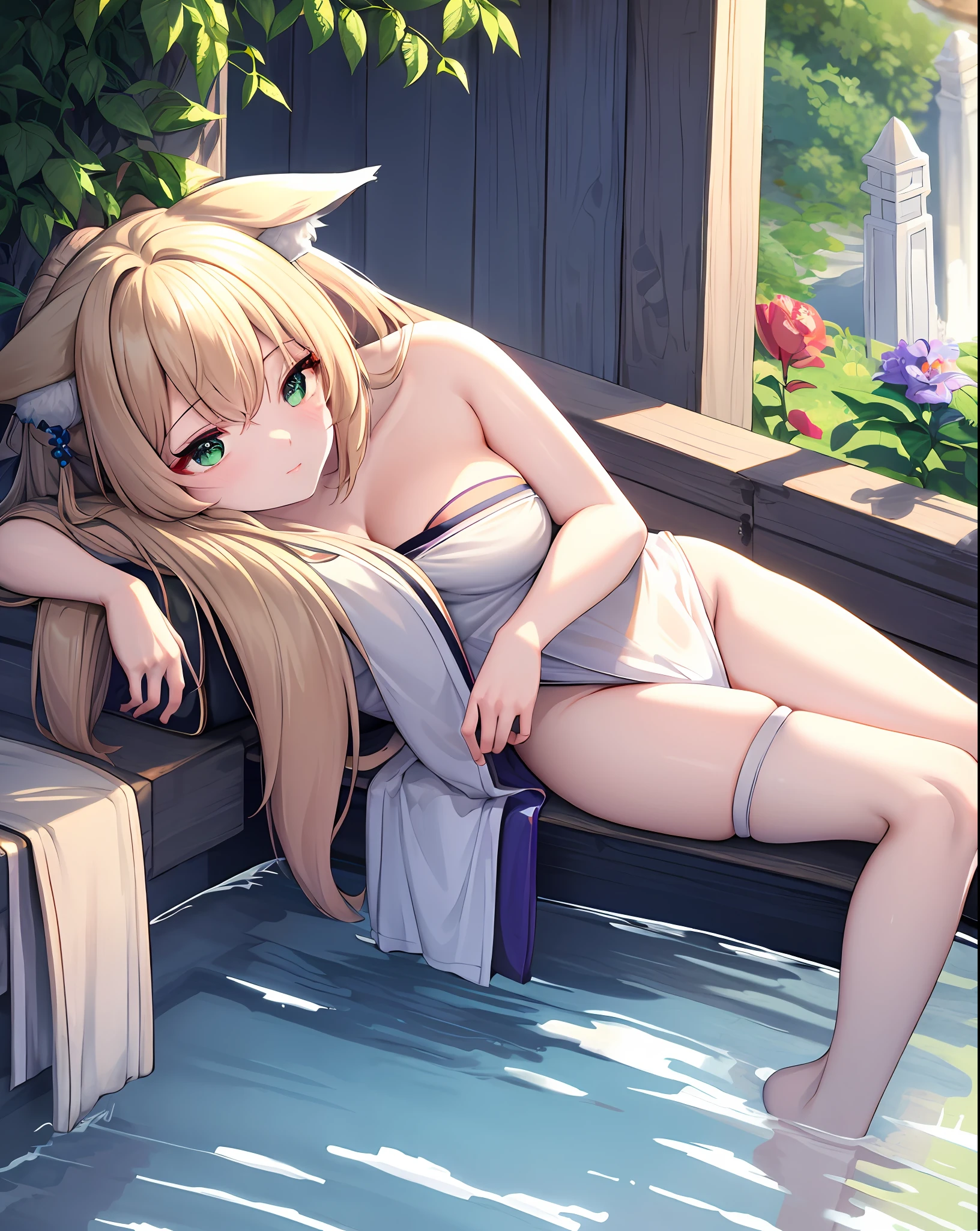 ((close-up face)), ((face)), ((beautiful eyes)), ((masterpiece:1.3)), best quality, ultra-detailed, ((illustration)), 1girl, solo, ((ru_qun, ruqun original_outfit, clear details, kimono)), daytime, cute, mature, ponytail, ((fox girl, fox ears, fox tail, kitsune:1.2)), ((blonde hair, hair bell: 1.1)), ((green eyes)), comfortable, relaxed, confident, satisfied, emotionless, natural light, shadow, contrast, texture, detail, realism, impressionistic, expressionistic, innovative, experimental, unique, warmth, coziness, intimacy, personal space, privacy, relaxation, ease, contentment, pleasure, self-expression, individuality, fashion, style, aesthetics, beauty, sensuality, flirtatious, provocative, innocent, vibrancy, joy, emotion, creativity, imagination, artistry, composition, balance, harmony, rhythm, color, light, shadow, reflection, refraction, tone, contrast, foreground, middle ground, background, naturalistic, figurative, representational