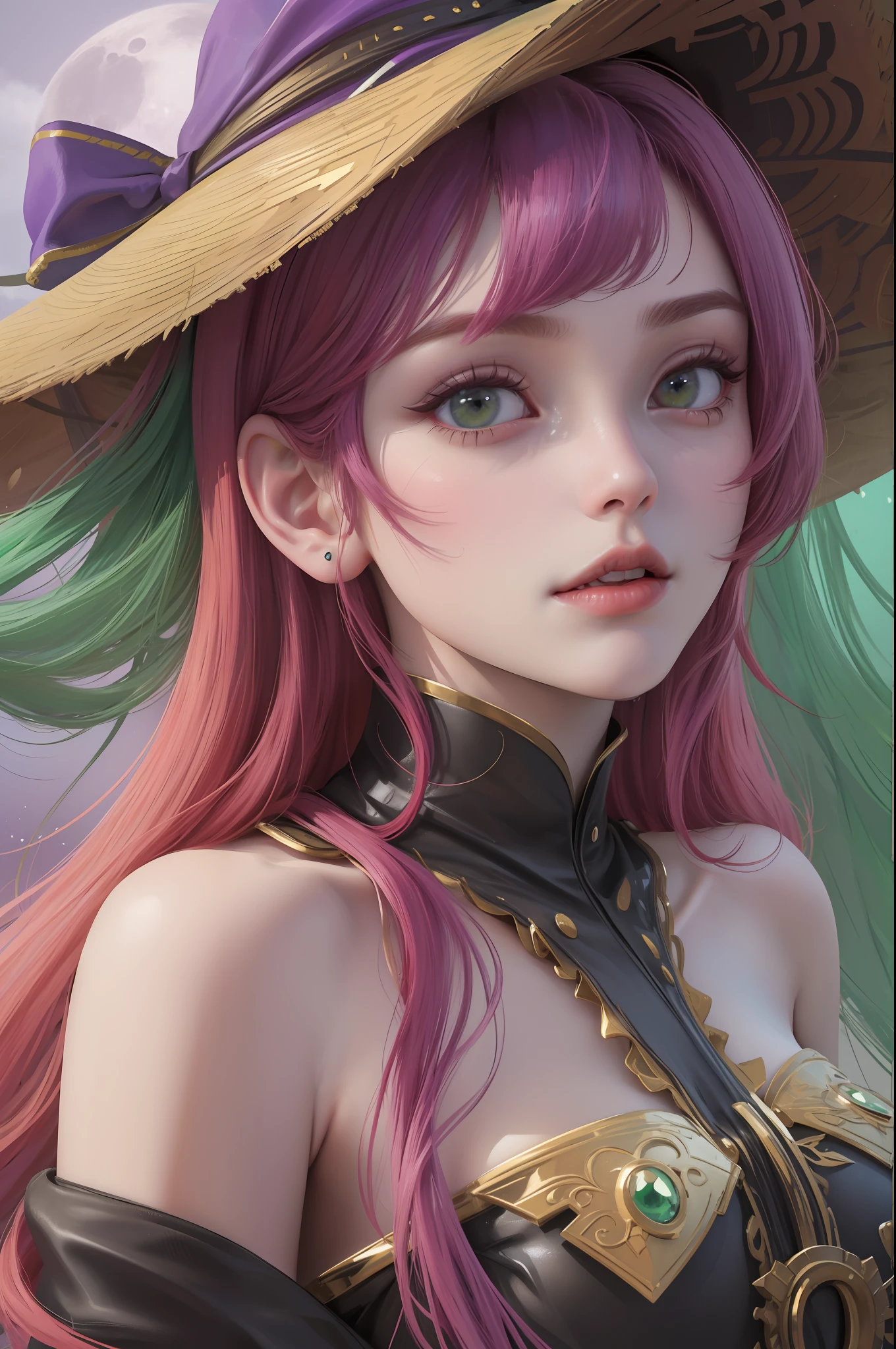 ((w800|w1200), best quality, high fidelity), (dynamic medium shot, close-up of girl's face), witch hat,(red hair: 1.2+green hair: 1.2+purple hair+yellow hair: 1.2), soft lighting, moon-looking eyes, moon eyes, soft smile, demonic girl, succubus