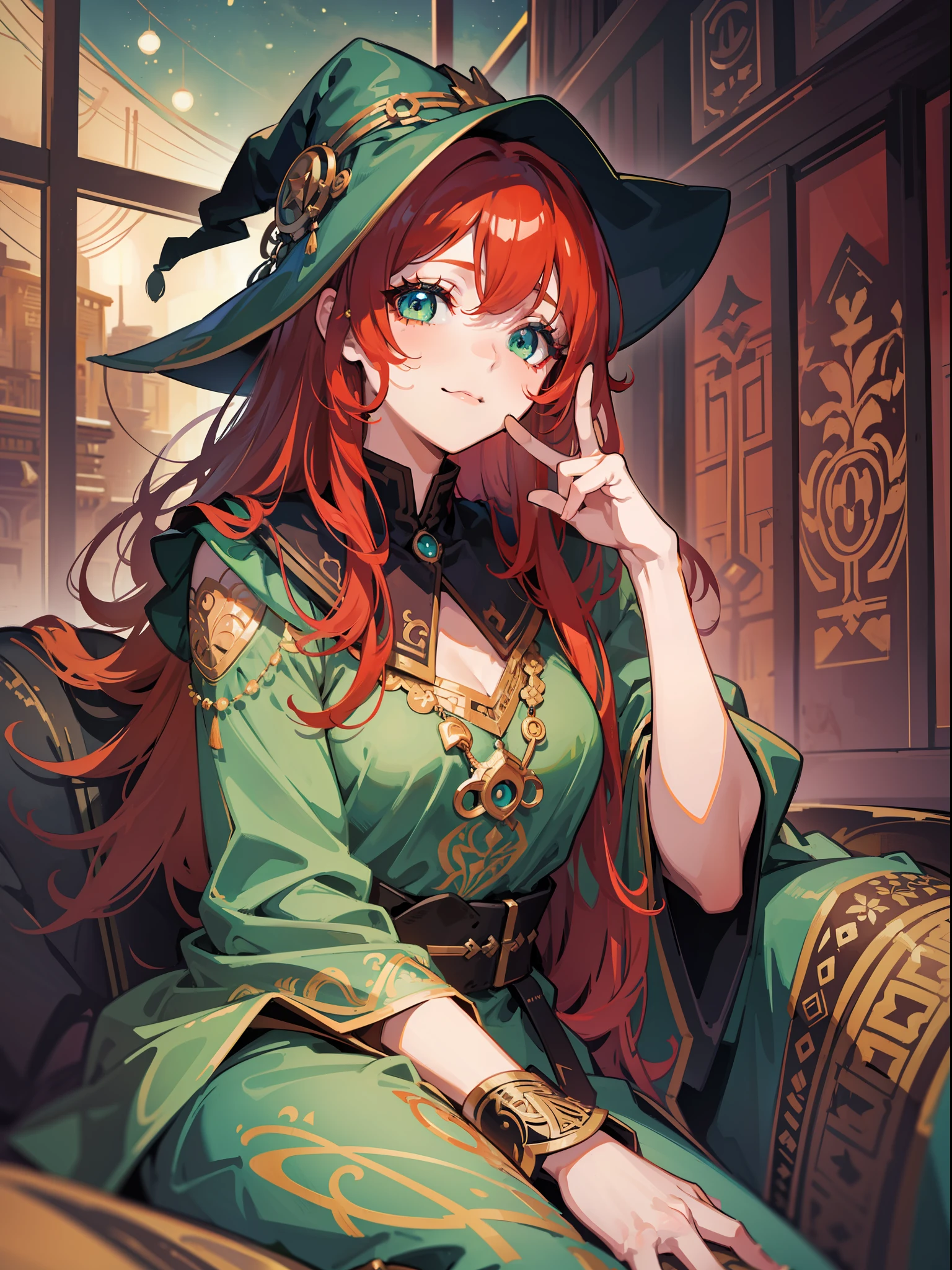 cute girl, witch, sitting in a couch, in love,vivid eyes, green eyes, smilling, alone, night, gorgeous, intimate, messy hair, digital art, in a hut masterpiece, high details, modern, red hair, intricate, perfect face, traced lights, peace, (sensual), embarassed, misteryous