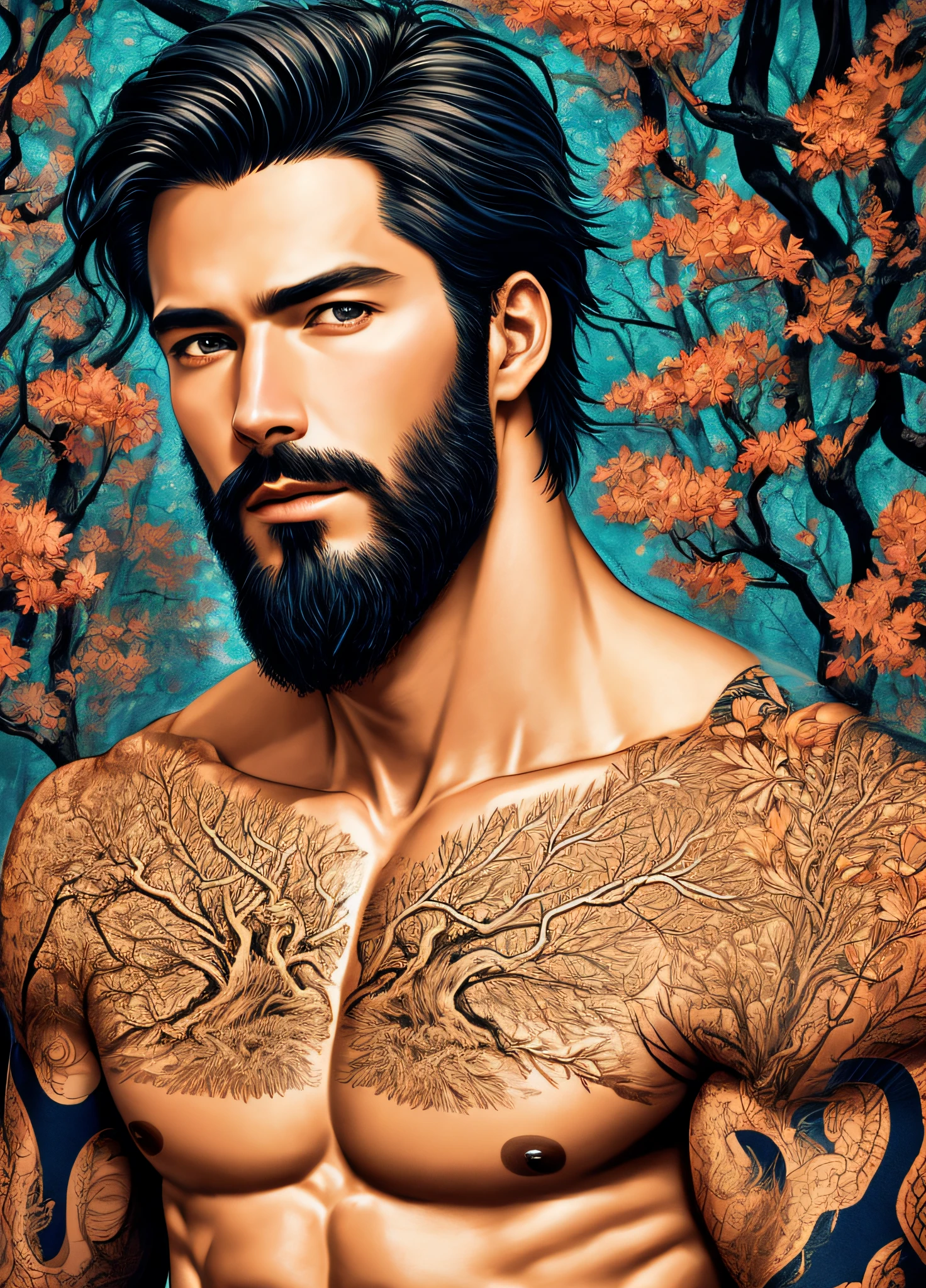 (by Yuko Higuchi, 1.4), Higuchi Yuko, (by Yoh: 1.2), (Masterpiece, Best Quality, Official Fine Art, Beauty and Aesthetics: 1.2), (Hyperdetail), Fine Detail, Best Illustration, Hand Drawn High Quality, (High Contrast), (Clean Lines: 1.3), (Line Art), Line Drawing, (Complex Lines), Lignène Claire, Fractal Art, Strokes, Ukiyo-e Style, (Portrait, Above the Chest, Extreme Closeup: 1.1), muscular man, wearing only a pair of transparent thongs (he is surrounded by dead trees: 1.1), perfect facial features of a supermodel, (inch short hair, beard stubble), Corpose MONEY BOY, wrap-around composition, flat, mysterious night, extreme provocative and sexy (add details), (detail background: 1.2), (color), high resolution