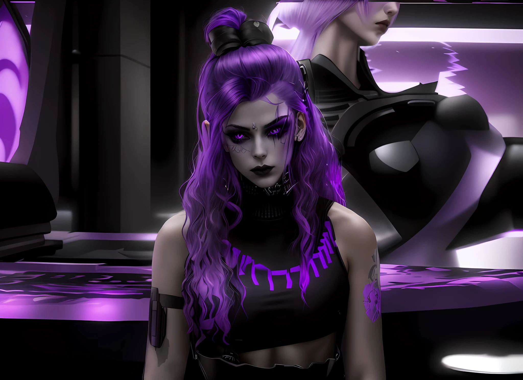 There's a woman with purple hair and a white top, dark purple and cybernetic hair, mall goth, dystopian grunge, goth girl, detailed punk hair, crow hair, she's got purple hair, grungy goth, evil princess of the wasteland, goth woman, menacing look, gothic horror vibes, cyberpunk dyed haircut, sensual dark style, gothic vibe,  DETAILED REALISTIC PHOTO