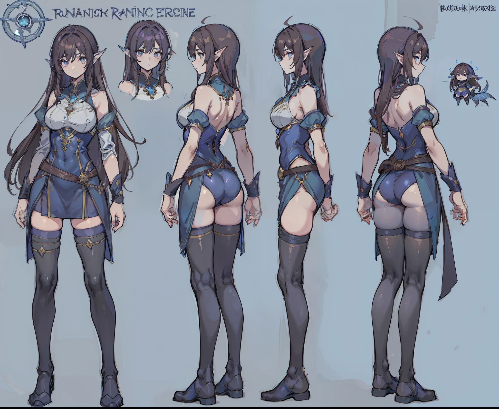 1woman, reference sheet, matching outfit, (fantasy character design, front, back, side) dark brown hair, blue fish eyes. mage outfit, scales, ancient runes on clothing, stockings. lean athletic build. neatly kept, long hair. large hips, thick thighs. Large chest, endowed breasts.