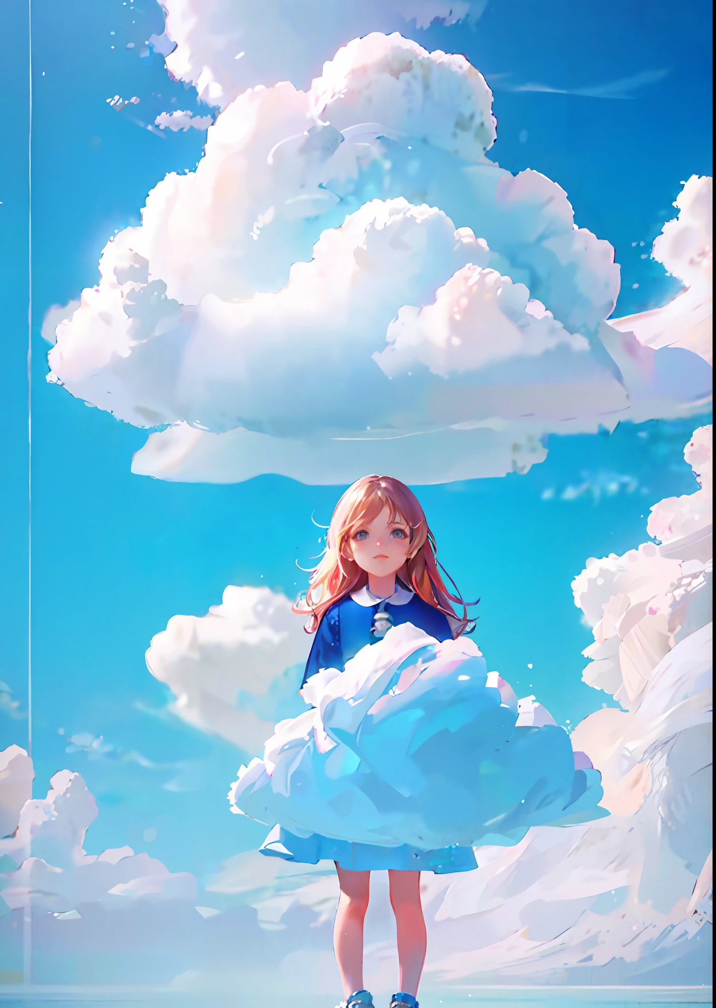 Replace the girl with a young woman with a cloud in her hand. To see the hands and arms, the little girl should dress more stylishly