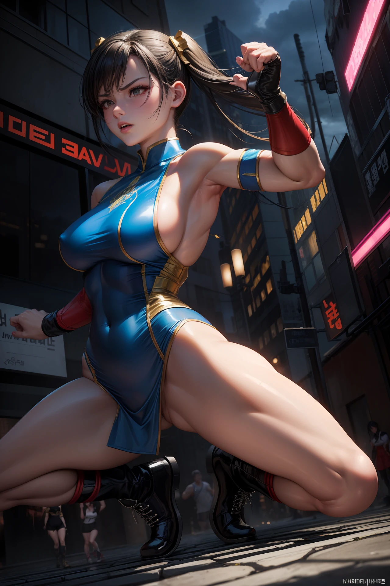 The image depicts Chun-Li in a qipao. The sheer fabric qipao is vibrant red in color, with gold embroidery accents and short skirt that allows freedom of movement for its powerful kicks. She also wears white socks and boots, further enhancing her sleek appearance. (((????? ??????))), ((???????)), (Korean(kpop idol)), ((puffy eyes)), powerful Street Fighter fighters, in a dynamic and intense confrontation. fighters are immersed in a dynamic pose. Cammy performs an acrobatic leap in the air, displaying her agility and dexterity. She swings her leg back, bracing herself for a precise kick. Her long black hair floats in the wind, giving her an imposing appearance. The image is set in a nighttime urban setting, with neon-lit streets and tall buildings in the background. The bright lights cast dramatic shadows over the fighters, highlighting their tense muscles and determined expressions. Sparks and motion effects add a touch of dynamism to the scene, capturing the energy of confrontation. (????)
