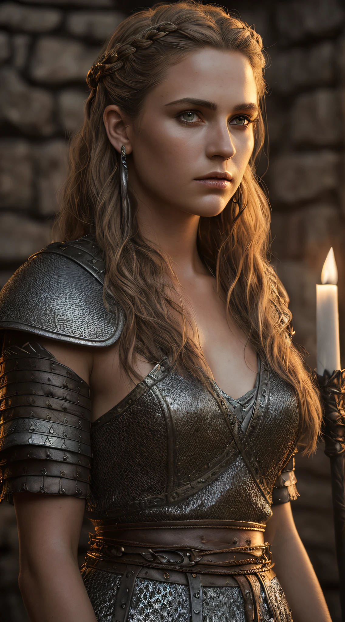 (Highest quality:1.3), cinematic shot, masterpiece, cinematic lights, cinematic scene, (sharp focus:1.5), (photorealistic:1.3),  medium portrait of (a weary-looking but still proud and fierce-looking woman Viking warrior now the leader of his village, standing beside your direwolf, dressed in elaborately detailed chain mail and leather armour, a few torches burn on the walls, giving the scene a dark atmosphere but sculpting the forms in sharp chiaroscuro), it is night time, (highly detailed skin),  (detailed face), detailed background, dark lighting, twilight lighting, volumetric lighting,  intricate details, UHD,