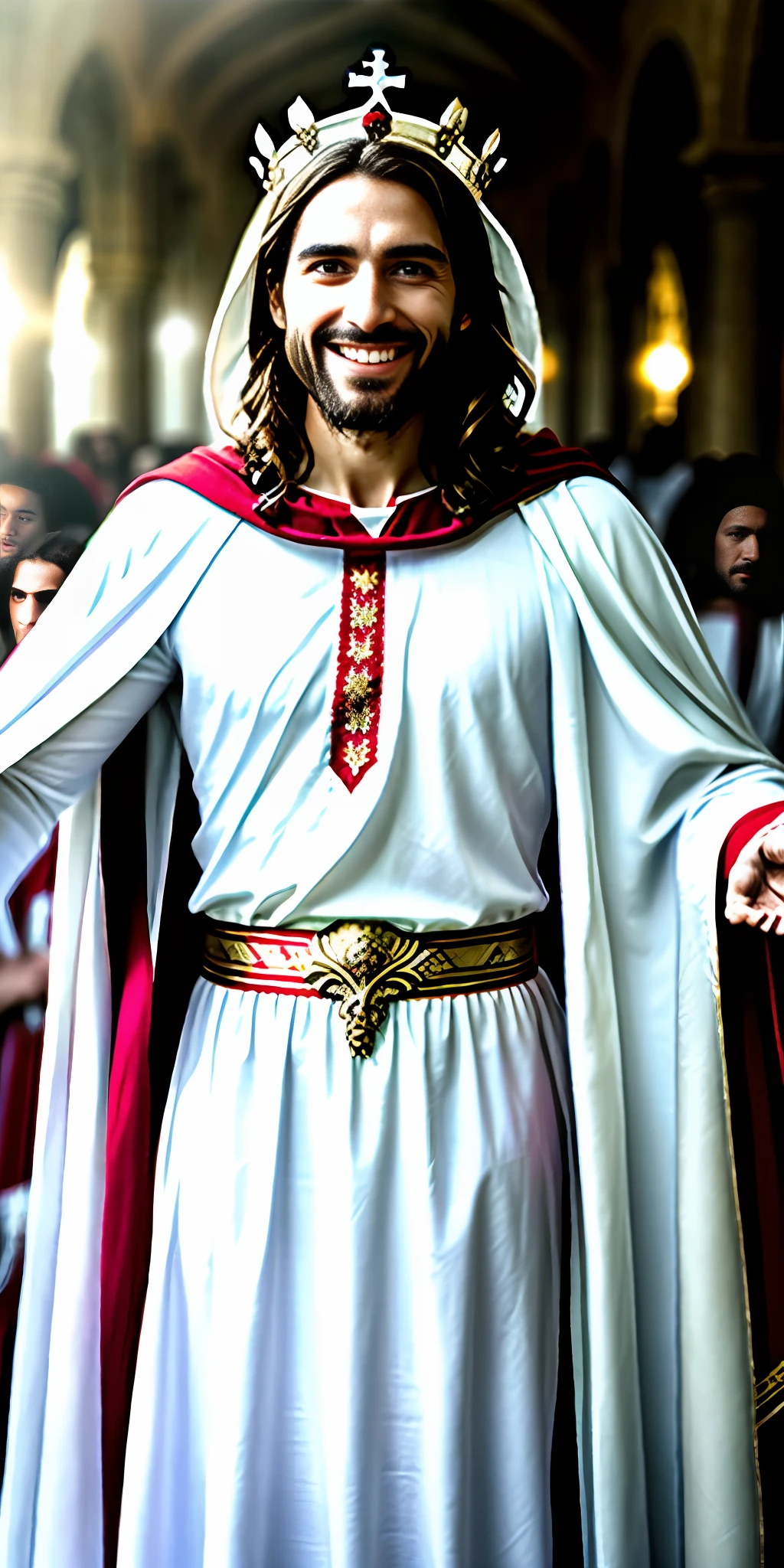 Jesus wearing white tunic with red cape, wearing Crown, happy Jesus, smiling, cinematic lighting, depth of field, Solomon temple image background, realistic photo, hyperrealism, professional photography, 8k, ultra realistic