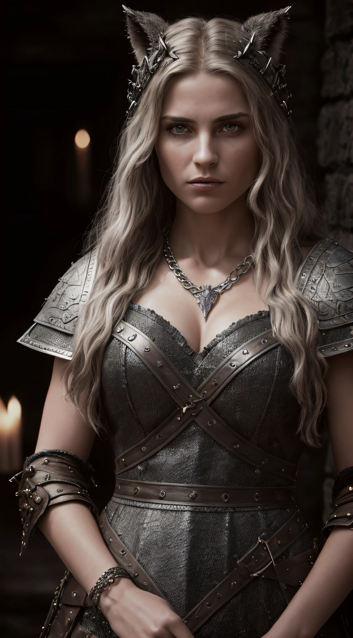 (Highest quality:1.3), cinematic shot, masterpiece, cinematic lights, cinematic scene, (sharp focus:1.5), (photorealistic:1.3),  medium portrait of (a weary-looking but still proud and fierce-looking woman Viking warrior now the leader of his village, standing beside your direwolf, dressed in elaborately detailed chain mail and leather armour, a few torches burn on the walls, giving the scene a dark atmosphere but sculpting the forms in sharp chiaroscuro), it is night time, (highly detailed skin),  (detailed face), detailed background, dark lighting, twilight lighting, volumetric lighting,  intricate details, UHD,