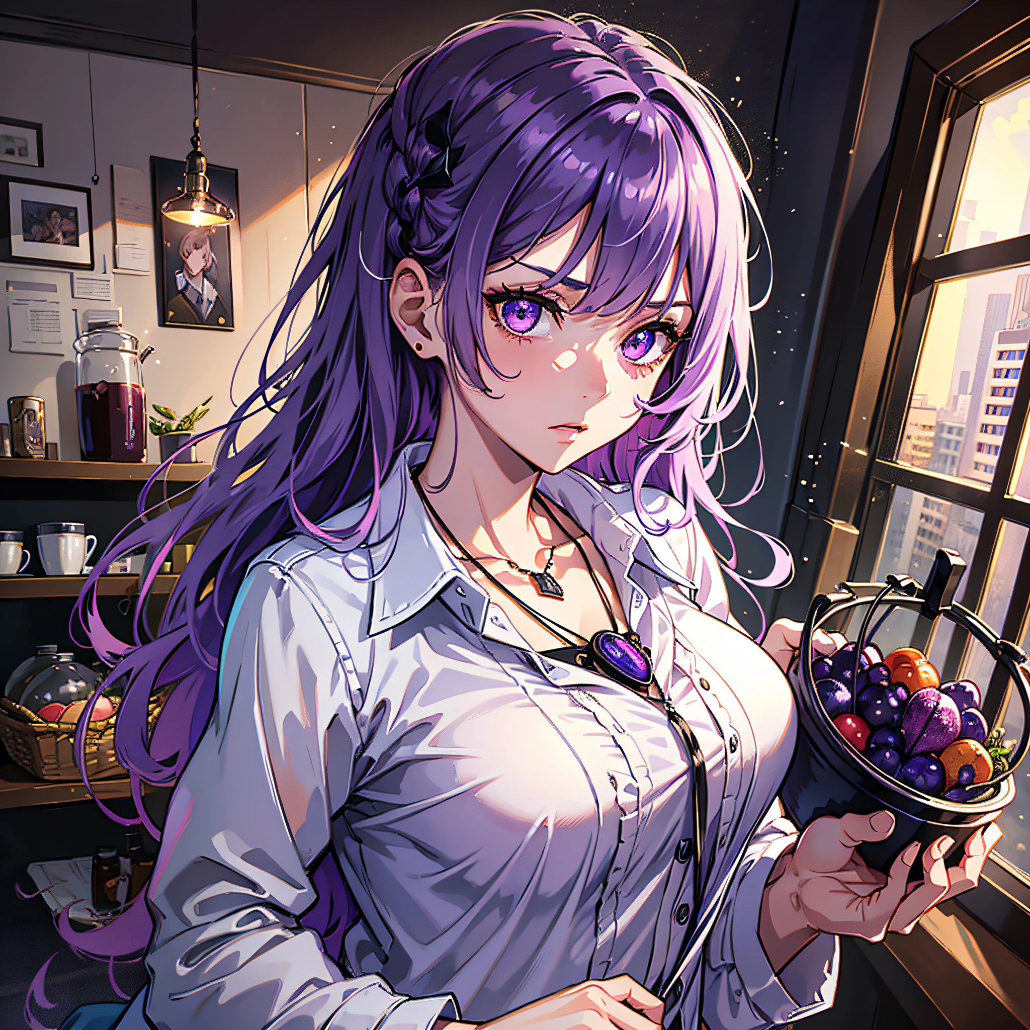 High resolution, highest quality, illustration, super detailed, (detailed face), (detailed eyes), cinematic lighting, best quality, super detailed, masterpiece, fine lines, 1girl, solo, purple hair, purple eyes, pink coat, white shirt, black hairpin, jewelry, necklace, glowing eyes, medium breasts, light, (color), upper body, anger, indoor, living room, carrying vegetable basket in hand,