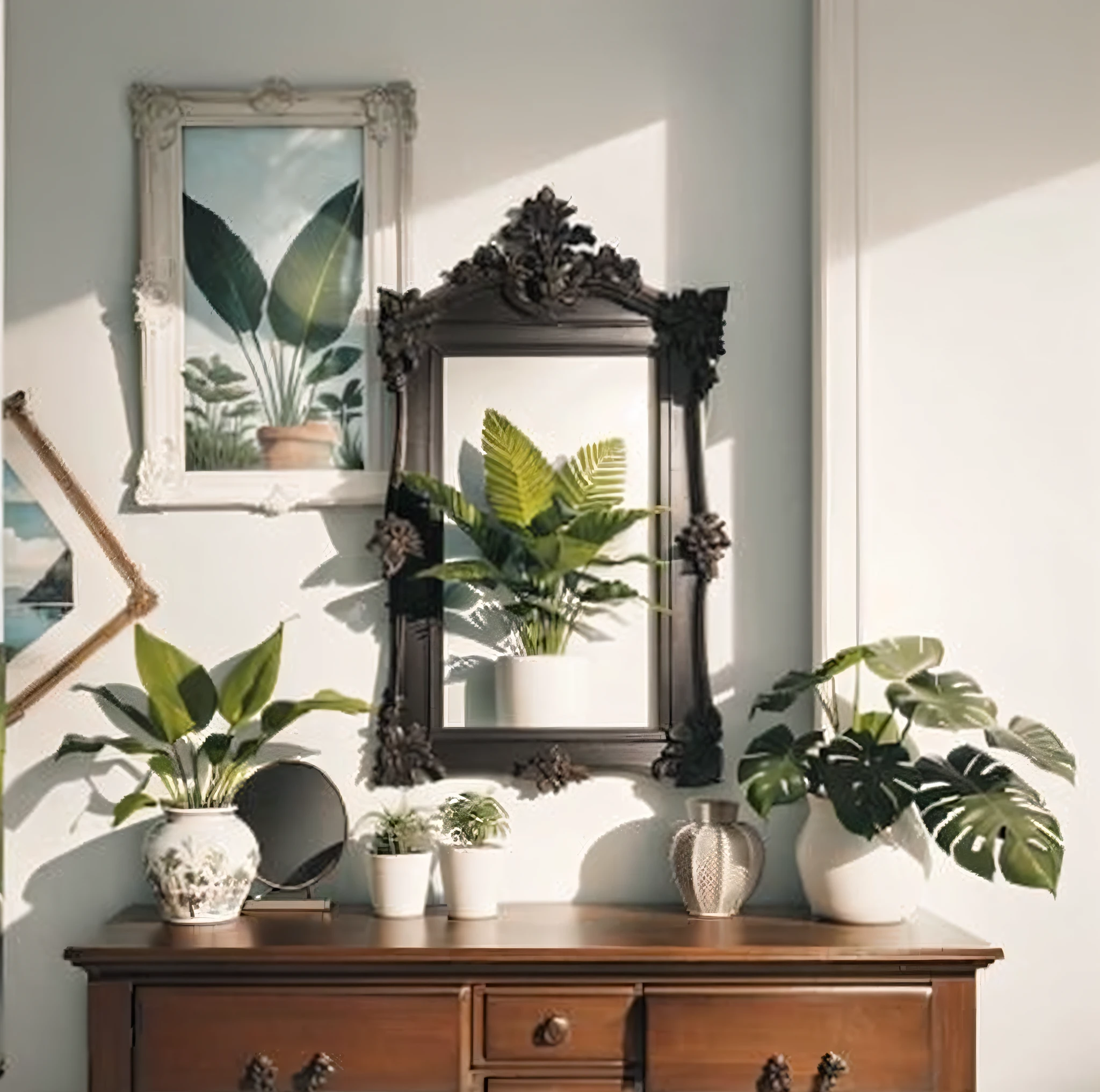 Picture on the wall and a chest of drawers below with plants