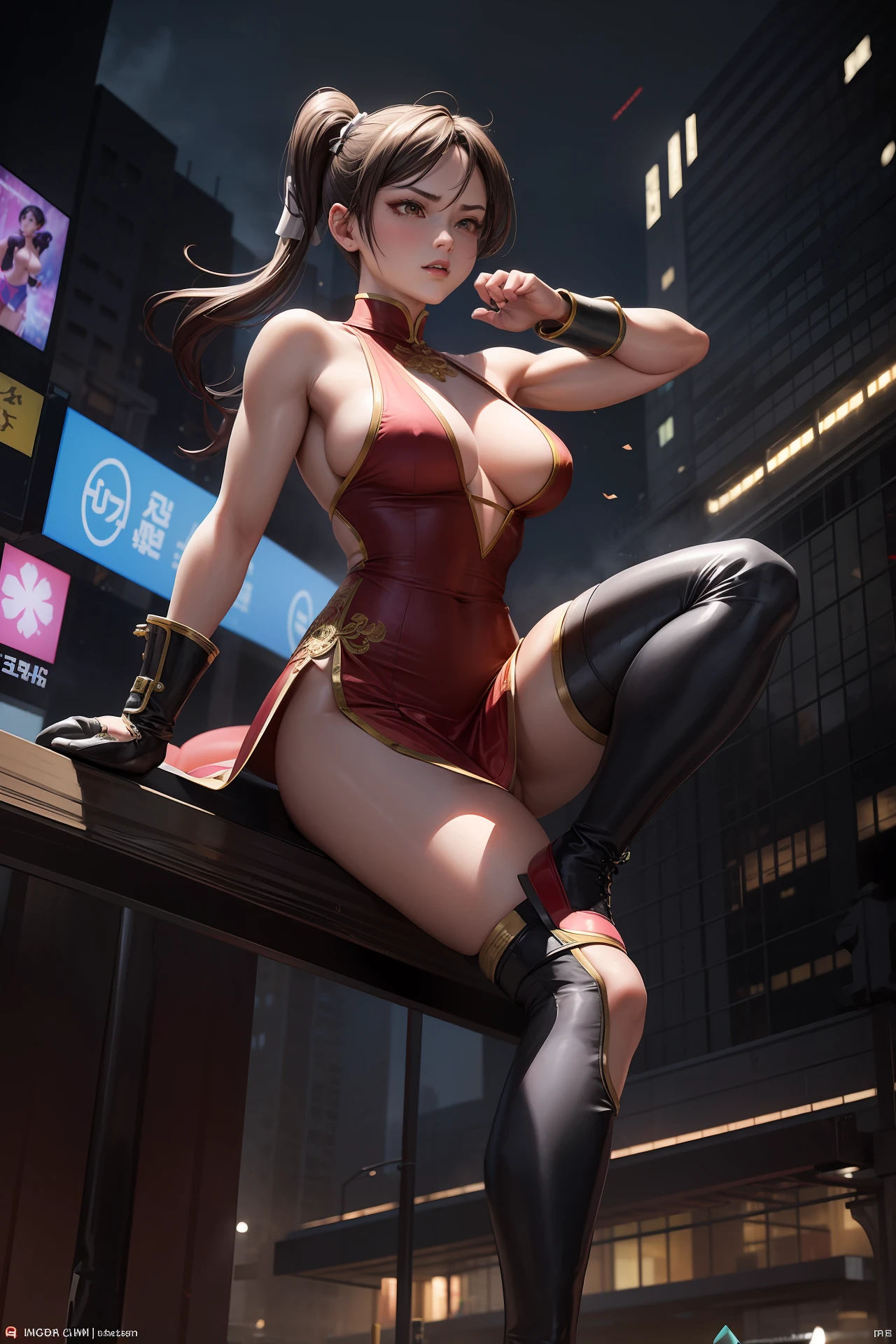 The image depicts Chun-Li in a qipao. The sheer fabric qipao is wine red color, with gold detailed embroidery accents and short skirt that allows freedom of movement for its powerful kicks. She also wears white socks and boots, further enhancing her sleek appearance. (((erect nipple))), ((areolas)), (Korean(kpop idol)), ((puffy eyes)), powerful Street Fighter fighters, in a dynamic and intense confrontation. fighters are immersed in a dynamic pose. Cammy performs an acrobatic leap in the air, displaying her agility and dexterity. She swings her leg back, bracing herself for a precise kick. Her long black hair floats in the wind, giving her an imposing appearance. The image is set in a nighttime urban setting, with neon-lit streets and tall buildings in the background. The bright lights cast dramatic shadows over the fighters, highlighting their tense muscles and determined expressions. Sparks and motion effects add a touch of dynamism to the scene, capturing the energy of confrontation. (nsfw)