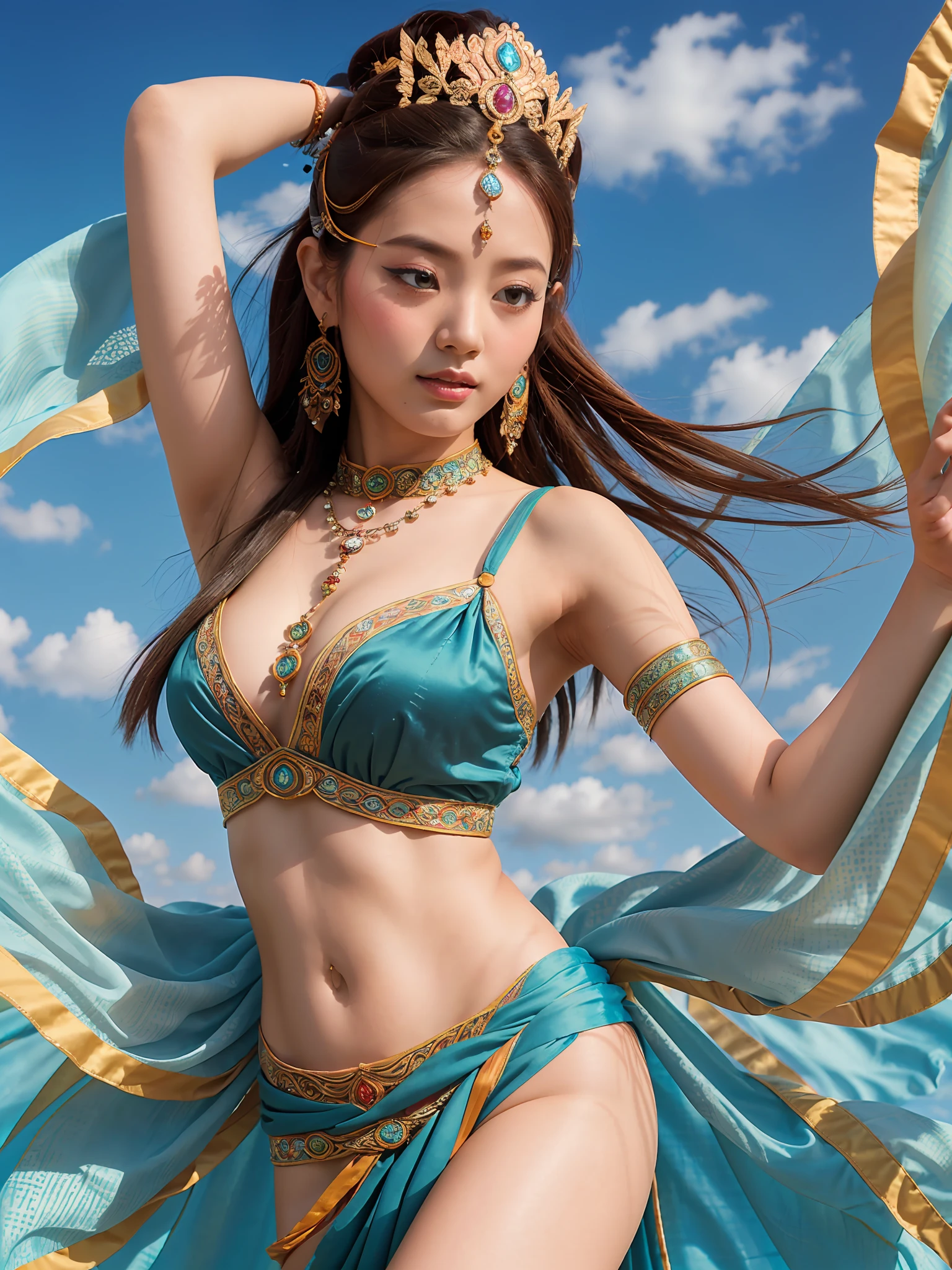 A photo of the Dunhuang Flying Apsara dance, set against a vast blue sky with white clouds. extreme beautiful face,The Apsara embodies elegance as she gracefully dances, adorned in a gorgeous brocade gown and holding a silk scarf in her hands, which she twirls effortlessly. The photo utilizes specific shooting modes, colors, and lens techniques. A collaboration of creative professionals from various fields will work together to uniquely express the beauty of the Apsara dance - --auto --s2