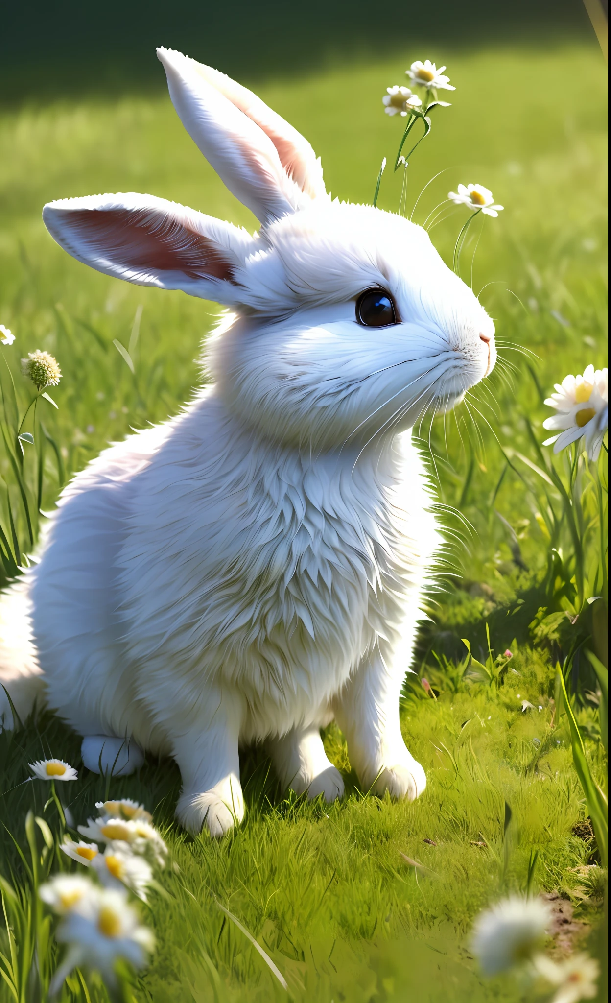 ((masterpiece, best quality)), soil, animal ears, fluffy rabbit, rabbit ears, looking at the viewer, grass, outdoors, whole body, animal, sunlight, dappled sunlight, daytime, depth of field --v6