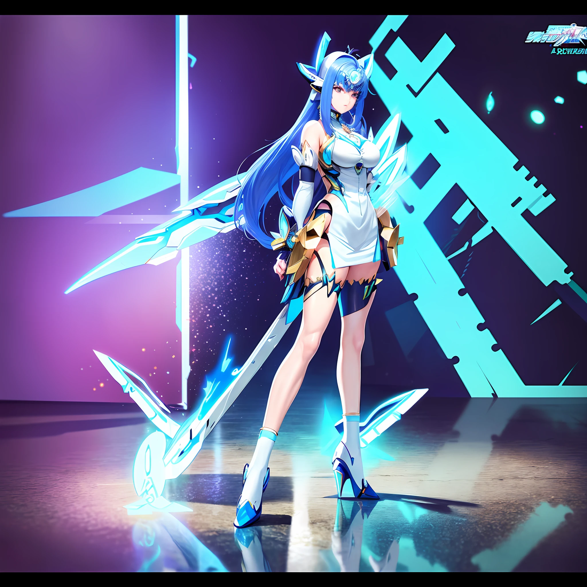 anime character with blue hair and a white dress, pharah, hero 2 d fanart artsation, with glowing blue lights, glowing purple, extremely detailed artgerm, cushart krenz key art feminine, digital cyberpunk anime art, 8k high quality detailed art, commission for high res, pharah from overwatch, :: rossdraws, female cyberpunk anime girl