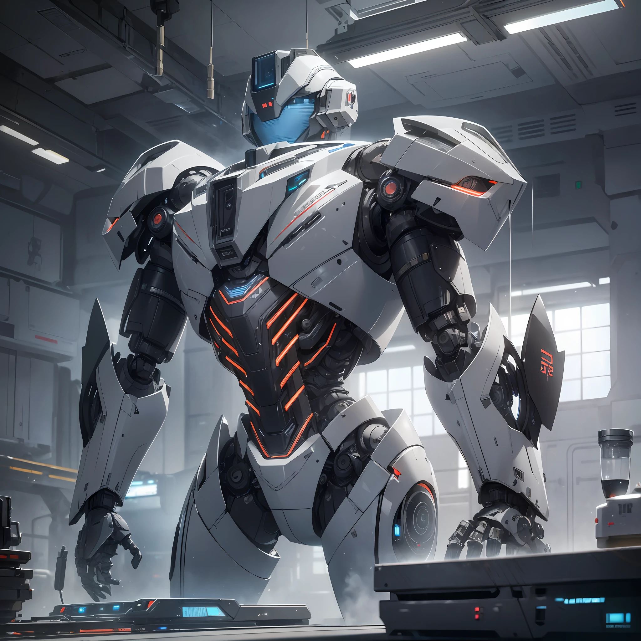 ((interior of a futuristic laboratory)), ultra-realistic robot in silver and cobalt black in its arms and legs, on its chest a red flap showing electronic and mechanical parts, [humanoid robot, shows mechanical, electrical, motherboard parts], (( (military robot))), robot empire, (((insanely detailed robot laboratory))), ((nousr robot)), digital 3d, hard surface, real-time, vfx, cinematic lighting, ((intricate)), volumetric light, artstation, octane render, ((highly detailed)), (((intricate details))), (hyper detailed), (robot part electronica uncovered), sharp focus, uhd, hdr, masterpiece, 8k  -ar3:2 --auto --s2