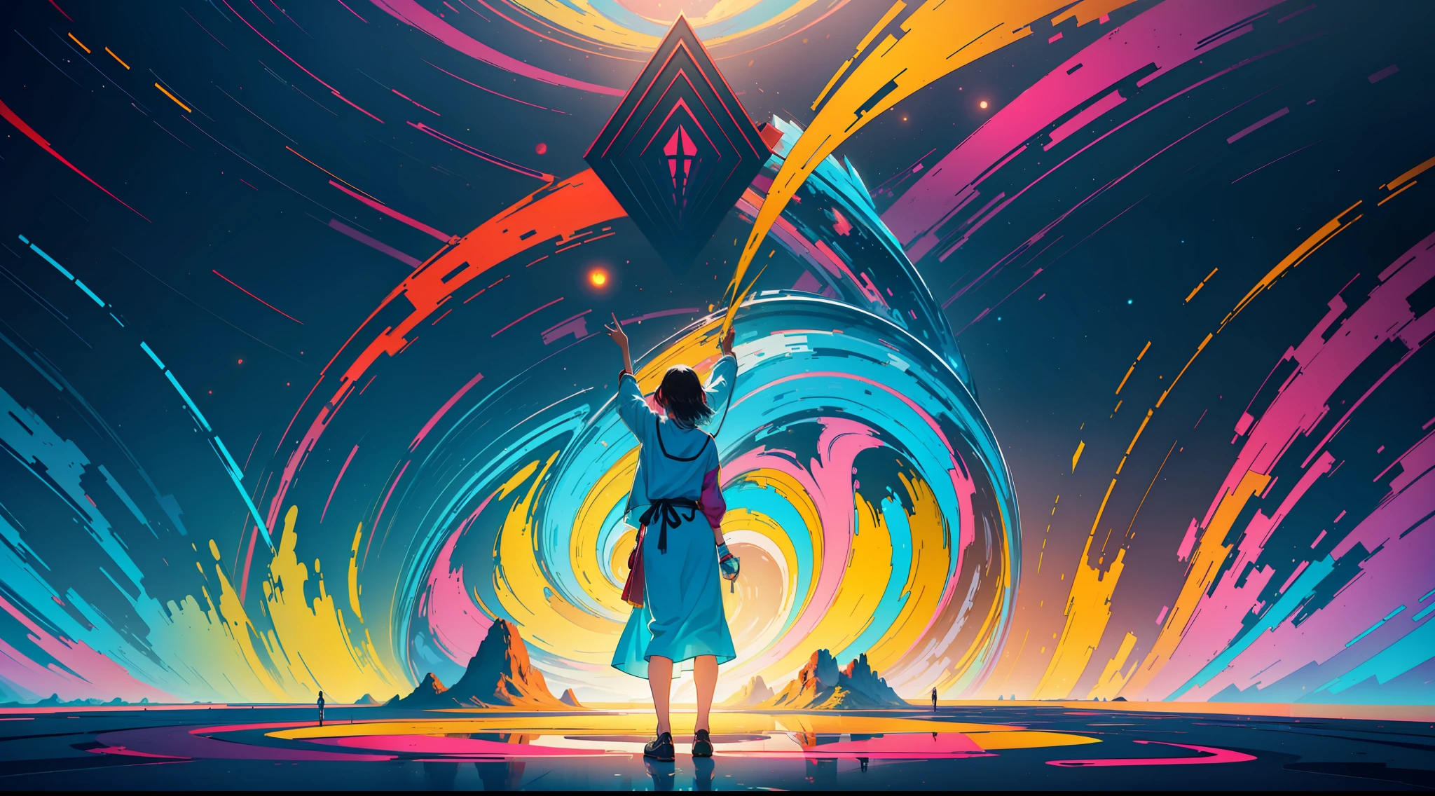 ((abstract and surreal place with vibrant colors that gives the feeling of joy, motivation, satisfaction and knowledge)), clear place, full body shot, 1girl with short ancestral clothes
