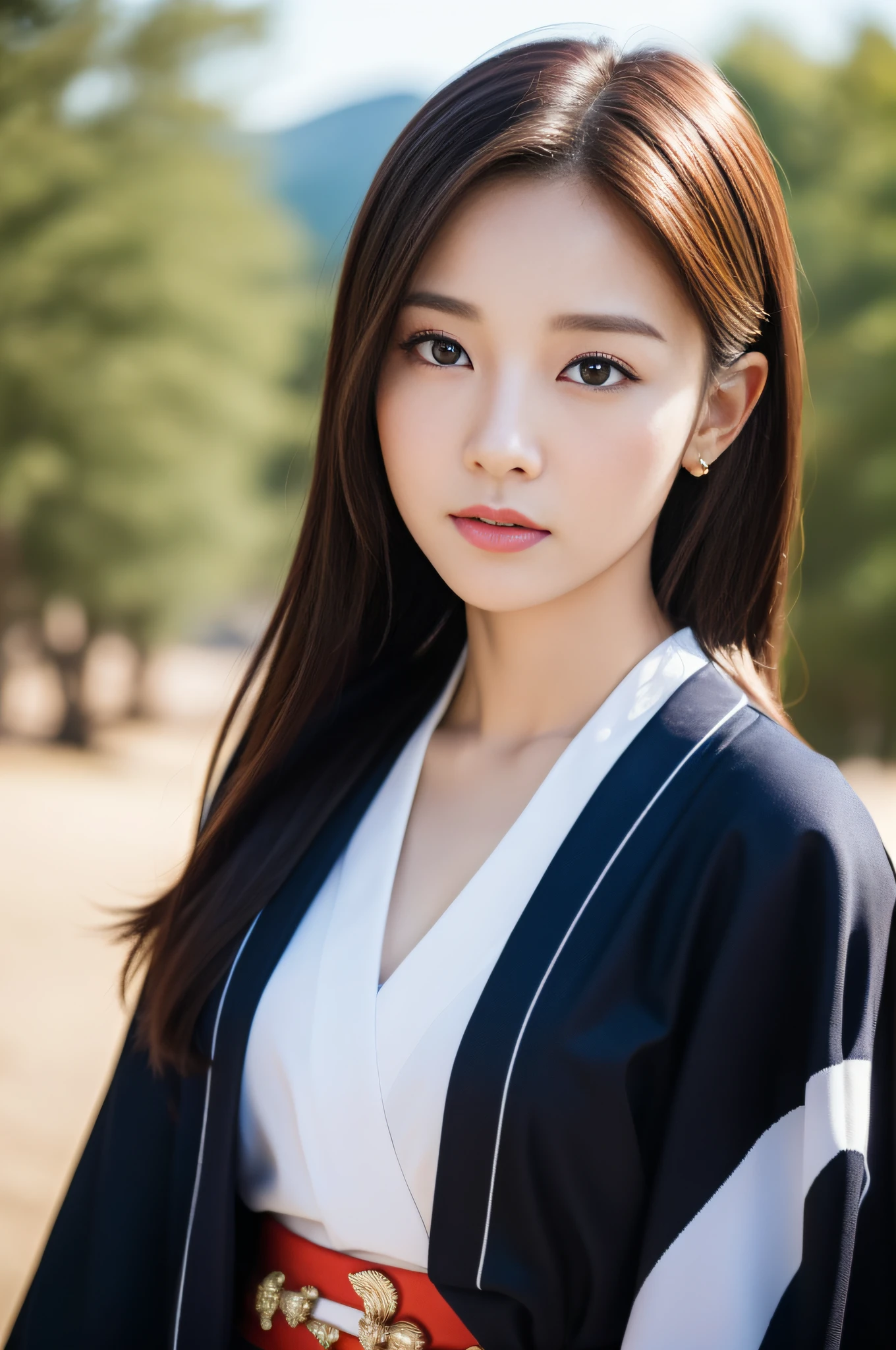 ((Best Quality, 8K, Masterpiece: 1.3)), Sharp Focus: 1.2, (Super Beautiful Face: 1.0), (Glossy Skin: 1.0), Realistic Photos, Black Hair, Realistic Pupils, Movie Lighting, Highly Detailed Eyes and Faces, Movie Lighting, (Cowboy Shot: 1.0), (Kimono, Hakama, Obi: 1.3), (Korean Cute Actress)